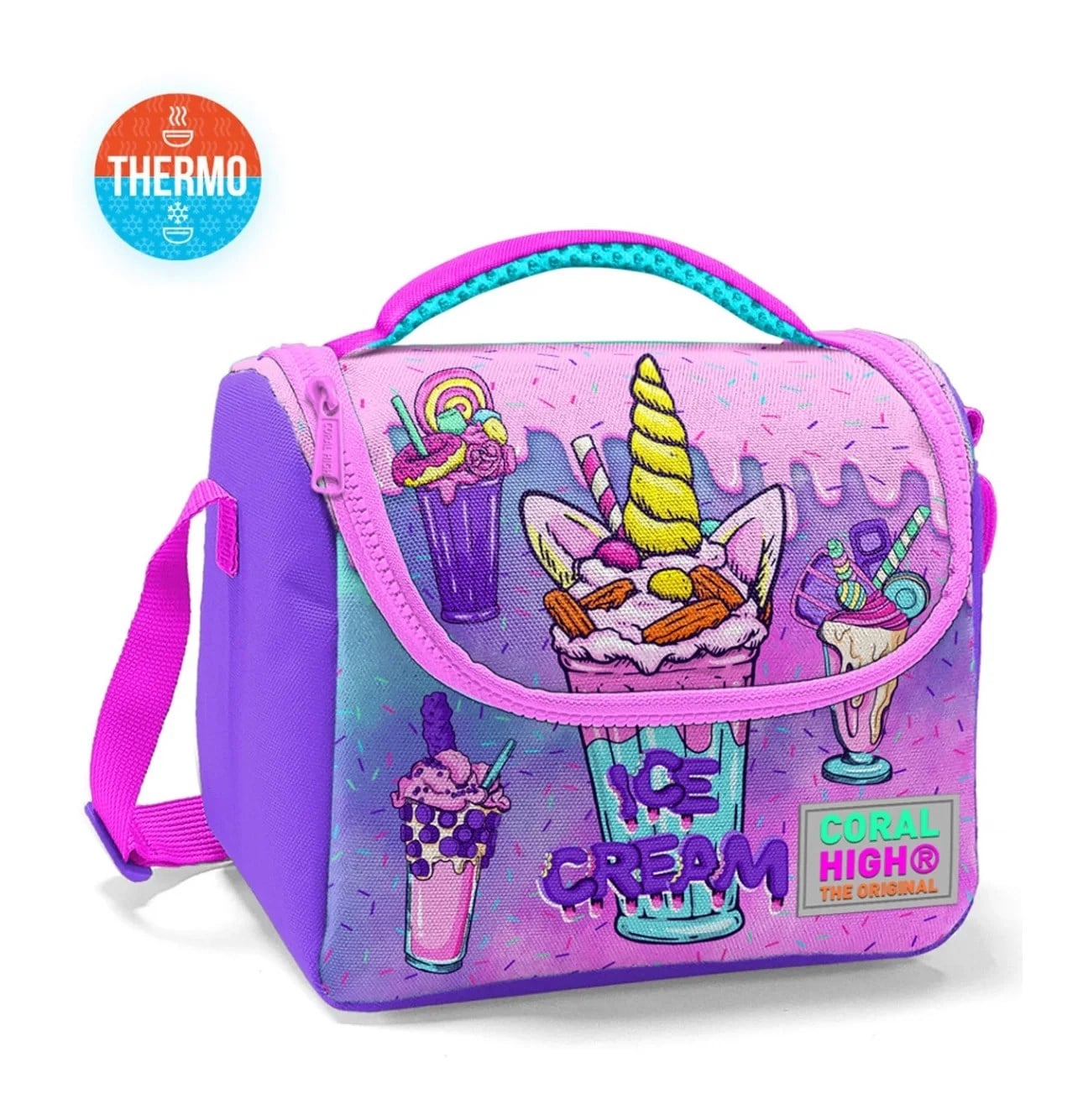 Coral High Pembe Mor Milkshake Dondurma Desenli Thermo Beslenme Çanta