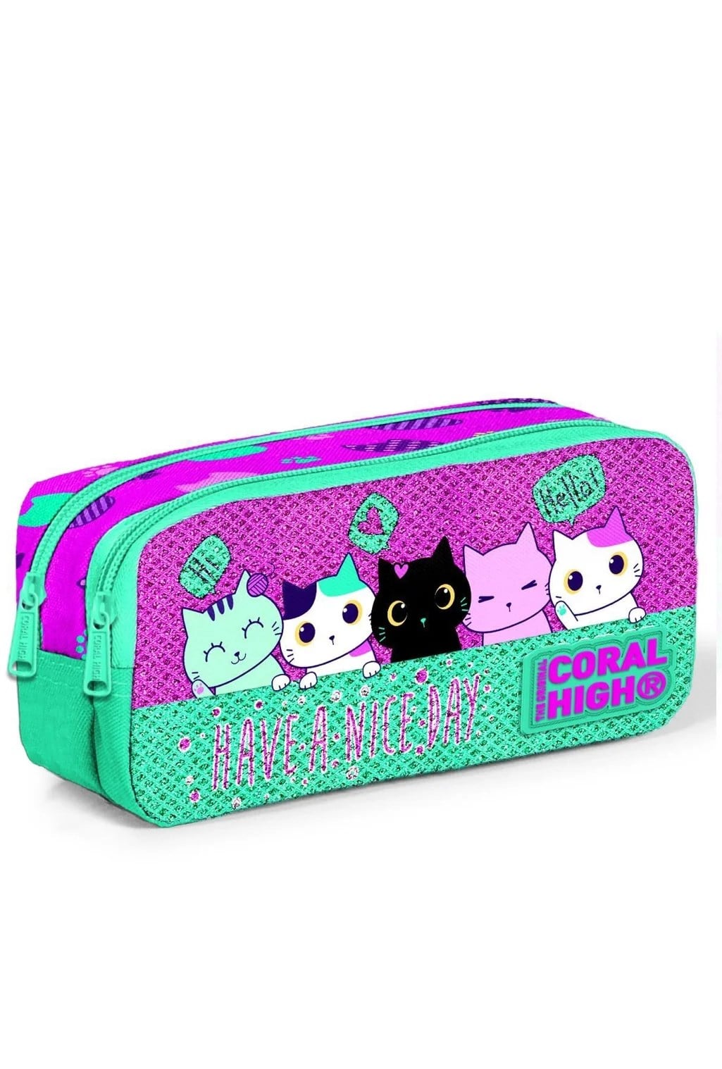 Coral High Pembe Su Yeşili Kedi Desenli Simli Kalemlik