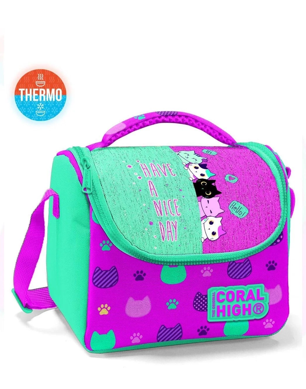 Coral High Pembe Su Yeşili Kedi Desenli Simli Thermal Beslenme Çantası