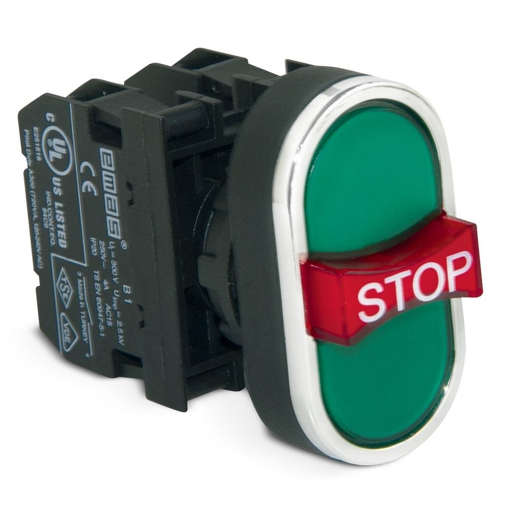 B Serisi Plastik 1NO+1NC+1NO Üçlü 1 Çıkık Stop Yeşil-Yeşil 22 mm Buton