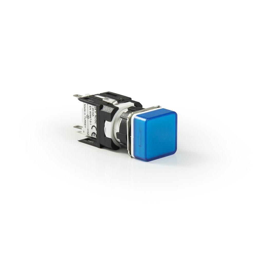 D Serisi Plastik LED'li 12-30V AC/DC Kare Mavi 16 mm Sinyal