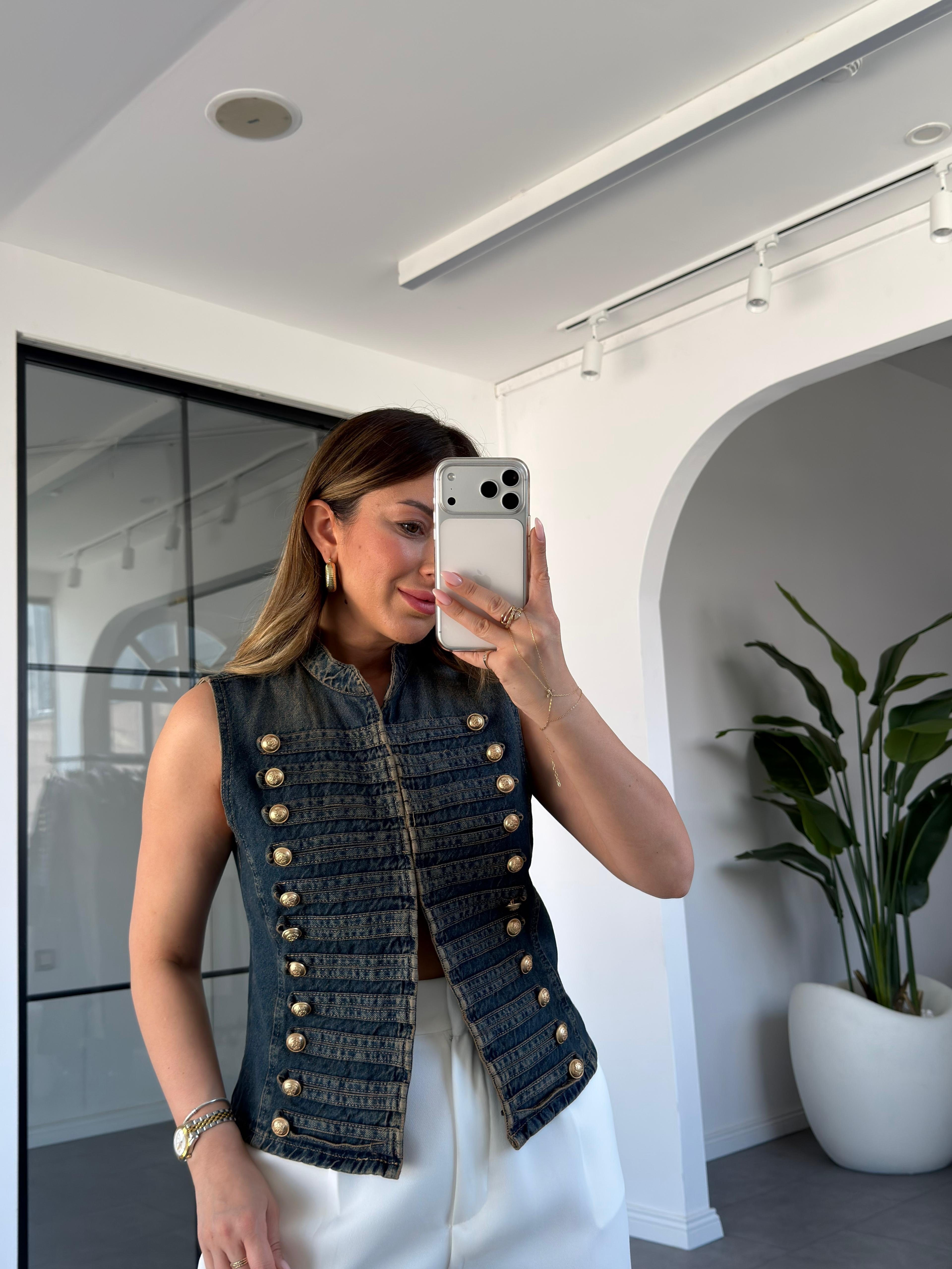 Napolyon Model Gold Düğme Detaylı Denim Yelek 5352