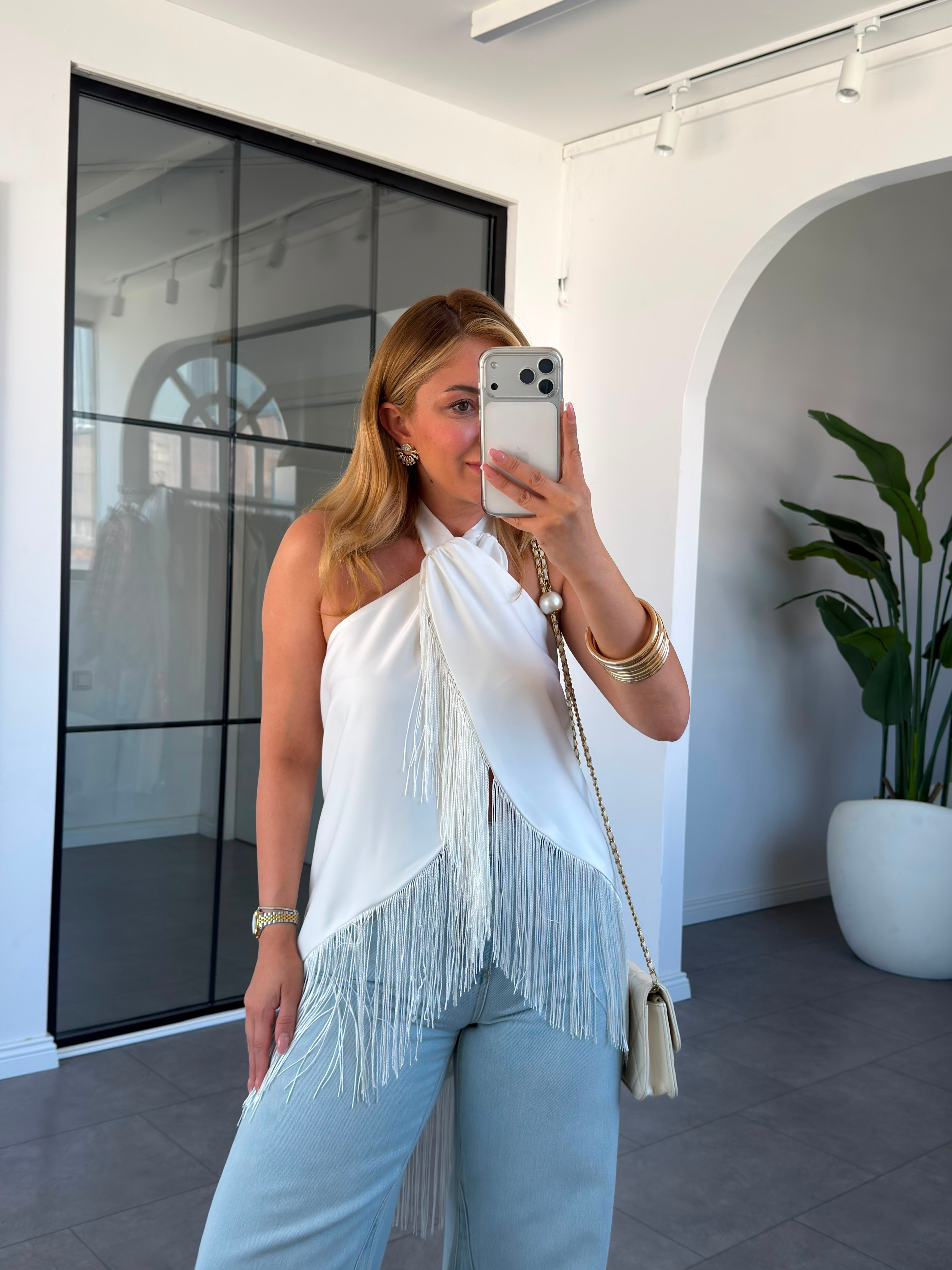 Püskül Detay Saten Bluz   8574
