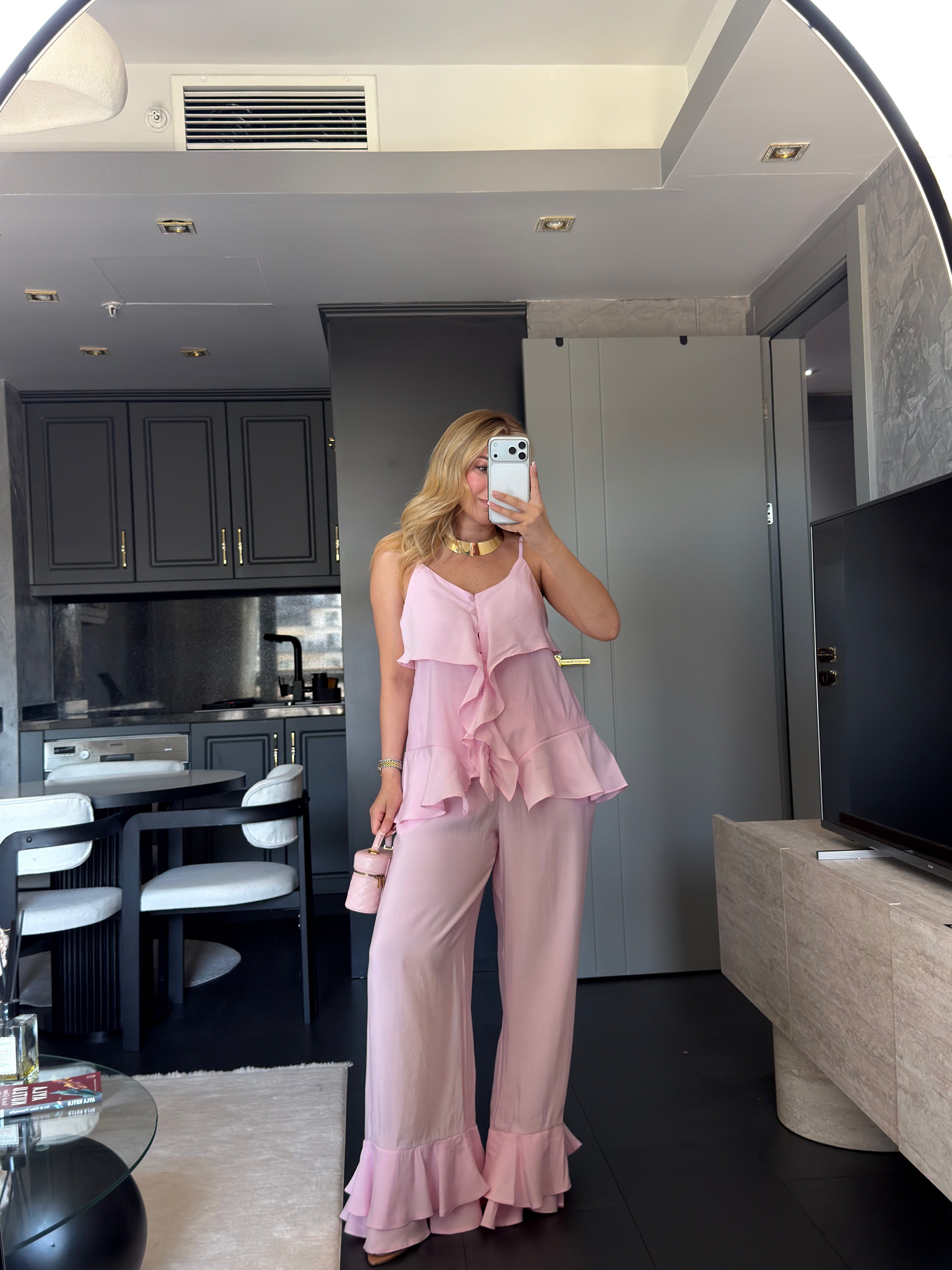 İp Askılı Bluz Fırfır Detaylı Pantolon Takım 9835
