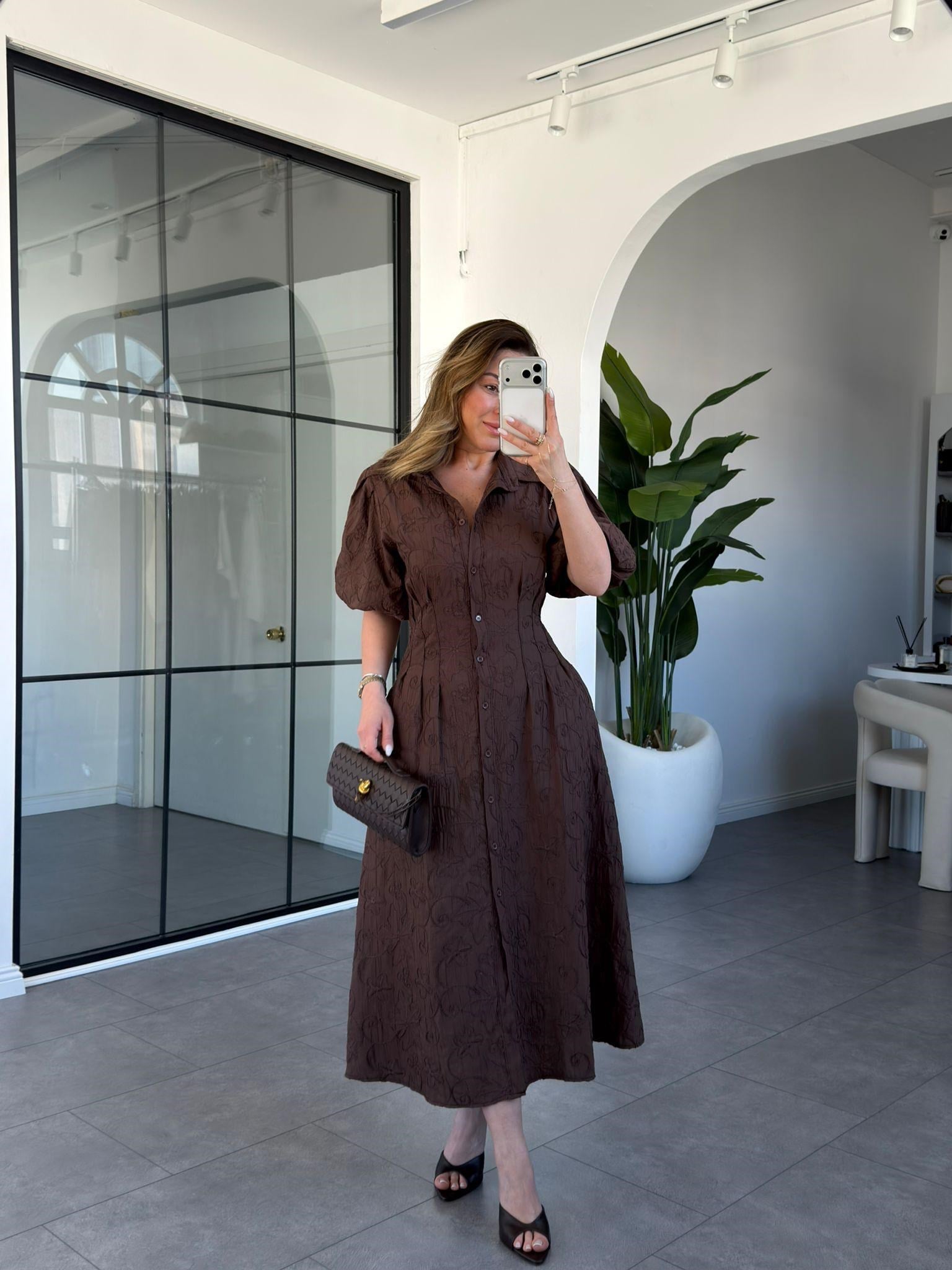 Balon Kol Nakışlı Keten Elbise 268275