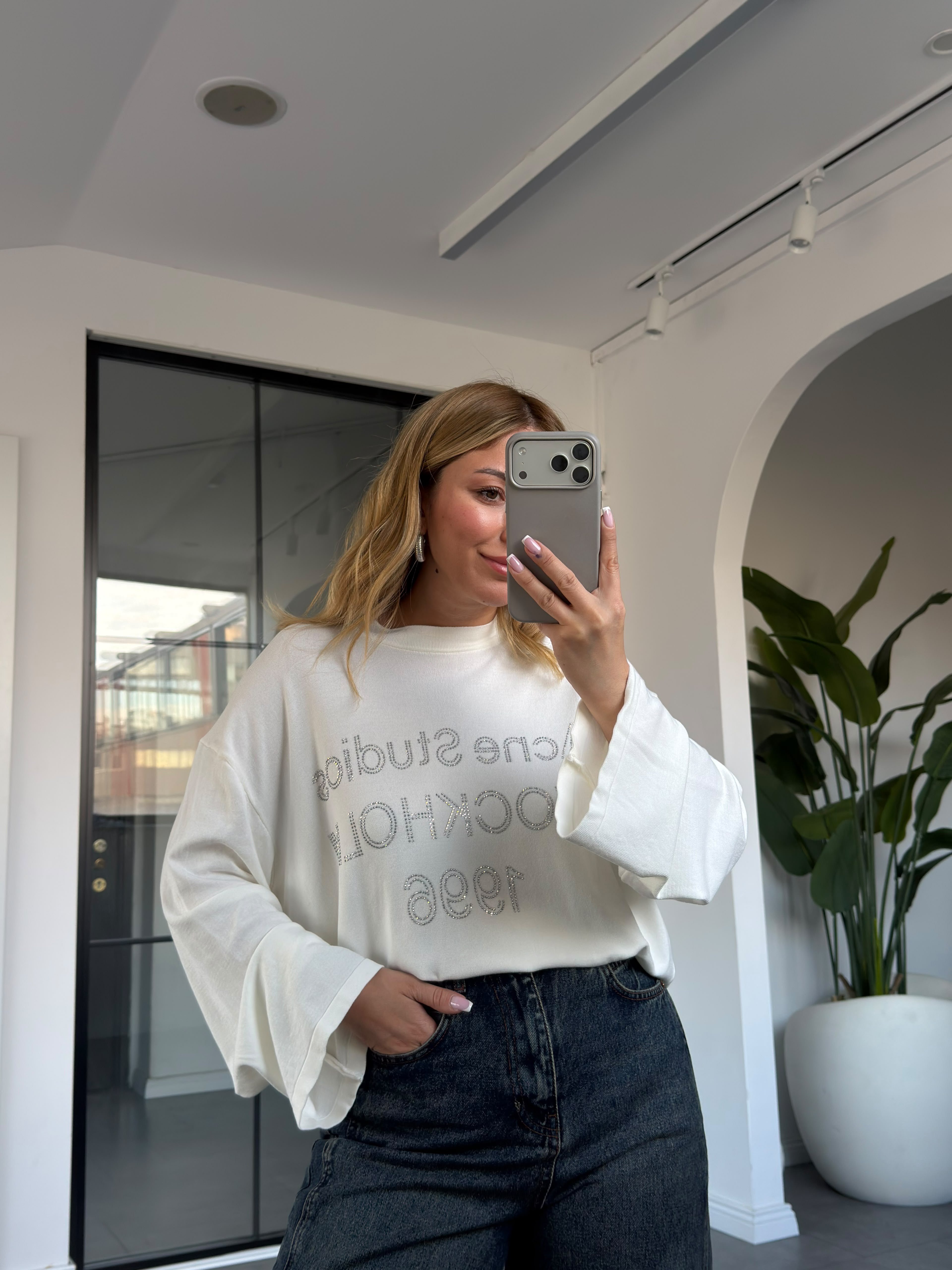 Parlak Taşlı Baskılı Oversize Triko 2934