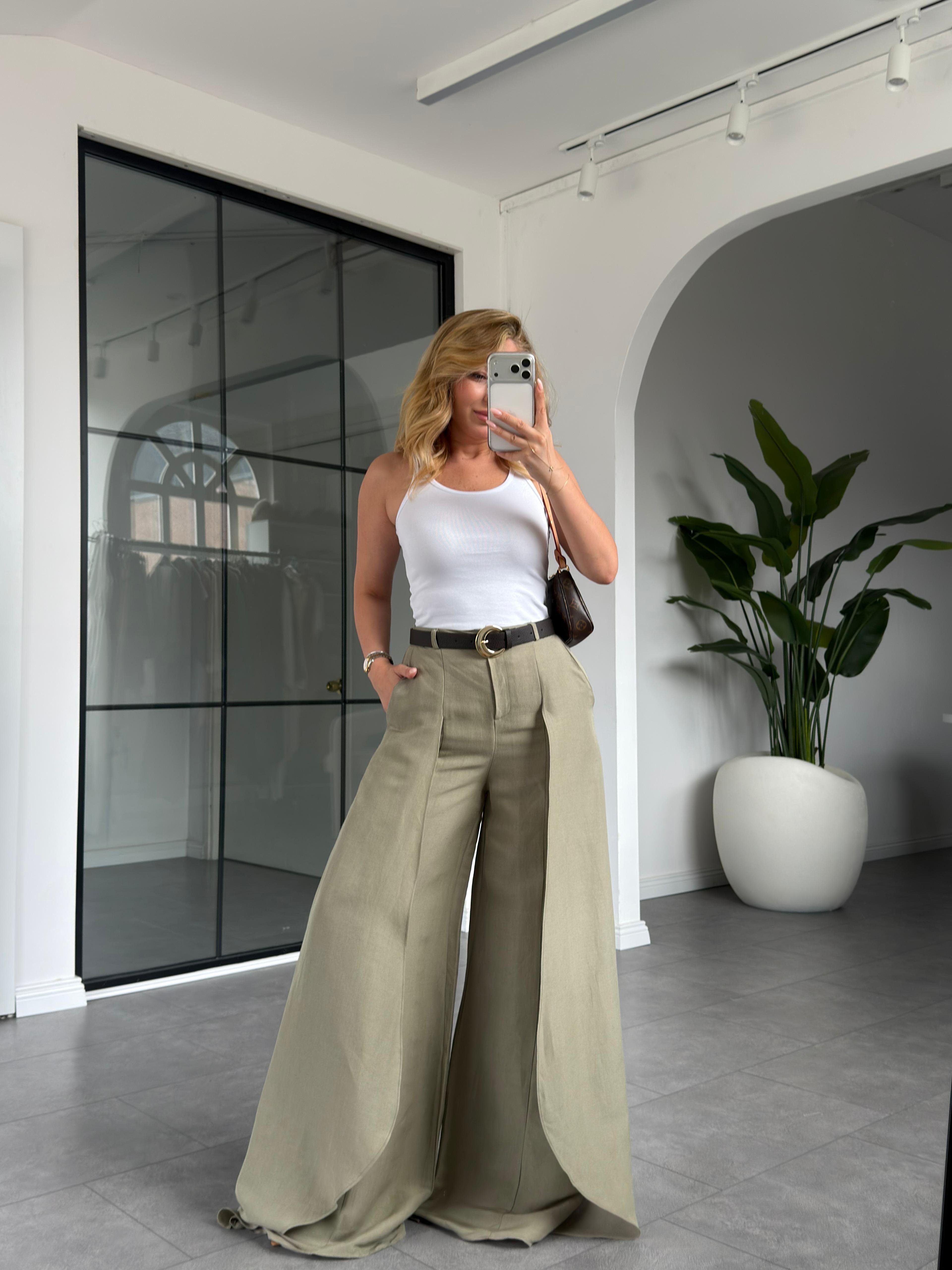 Paça Detaylı Kemerli  Keten Pantolon 501404
