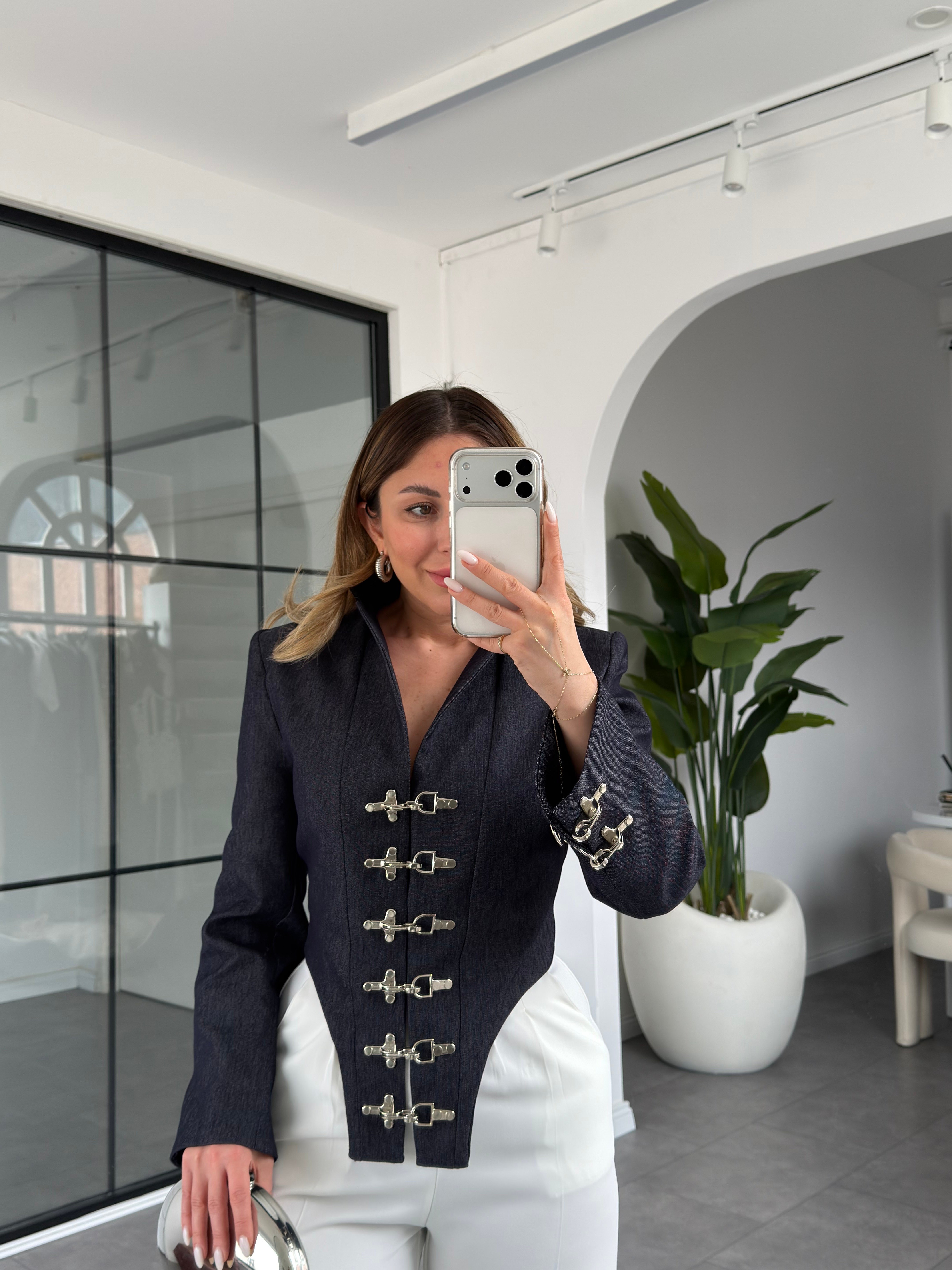 Gümüş Kancalı Tasarım Denim Ceket 7576