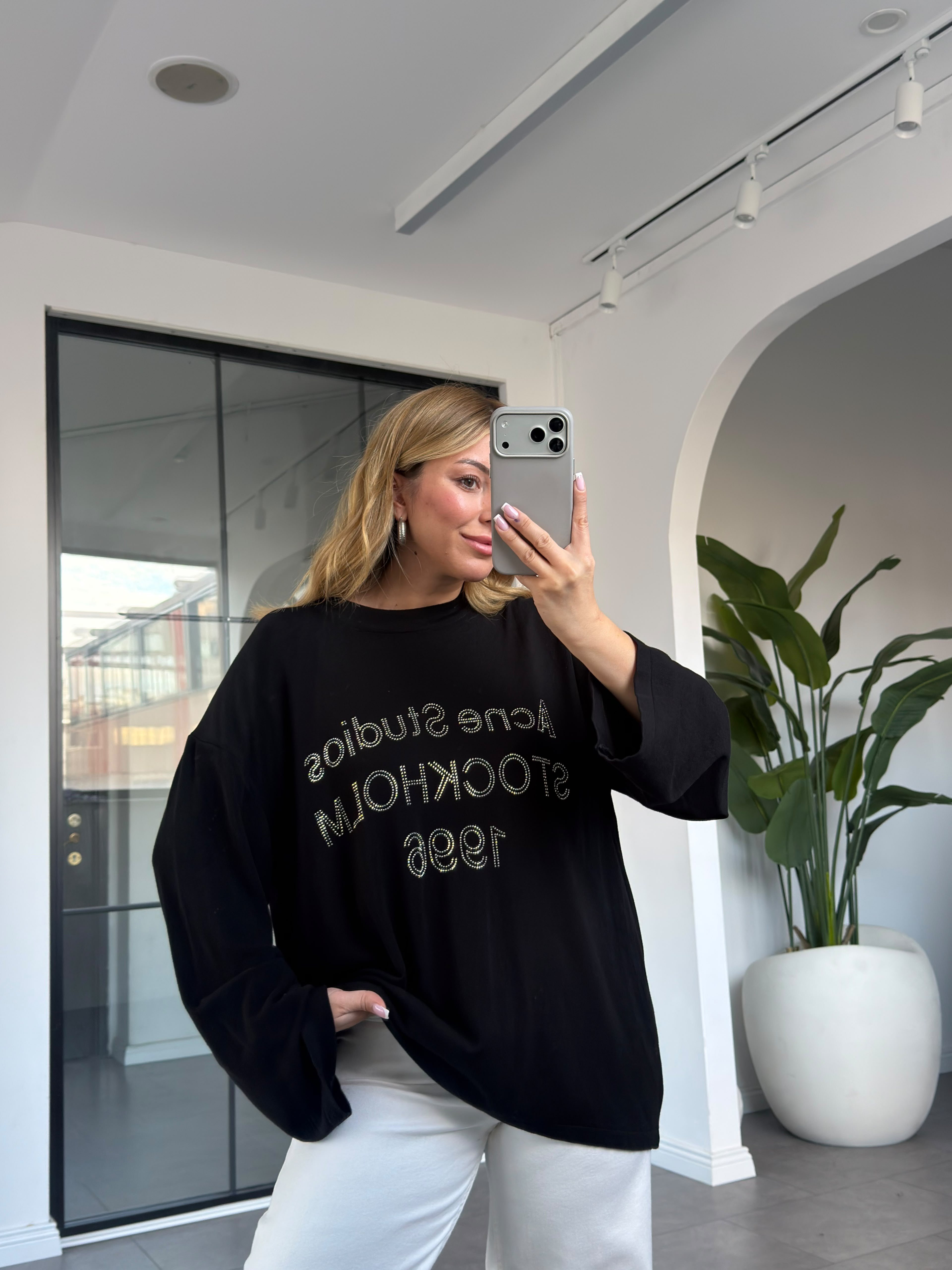 Parlak Taşlı Baskılı Oversize Triko 2934