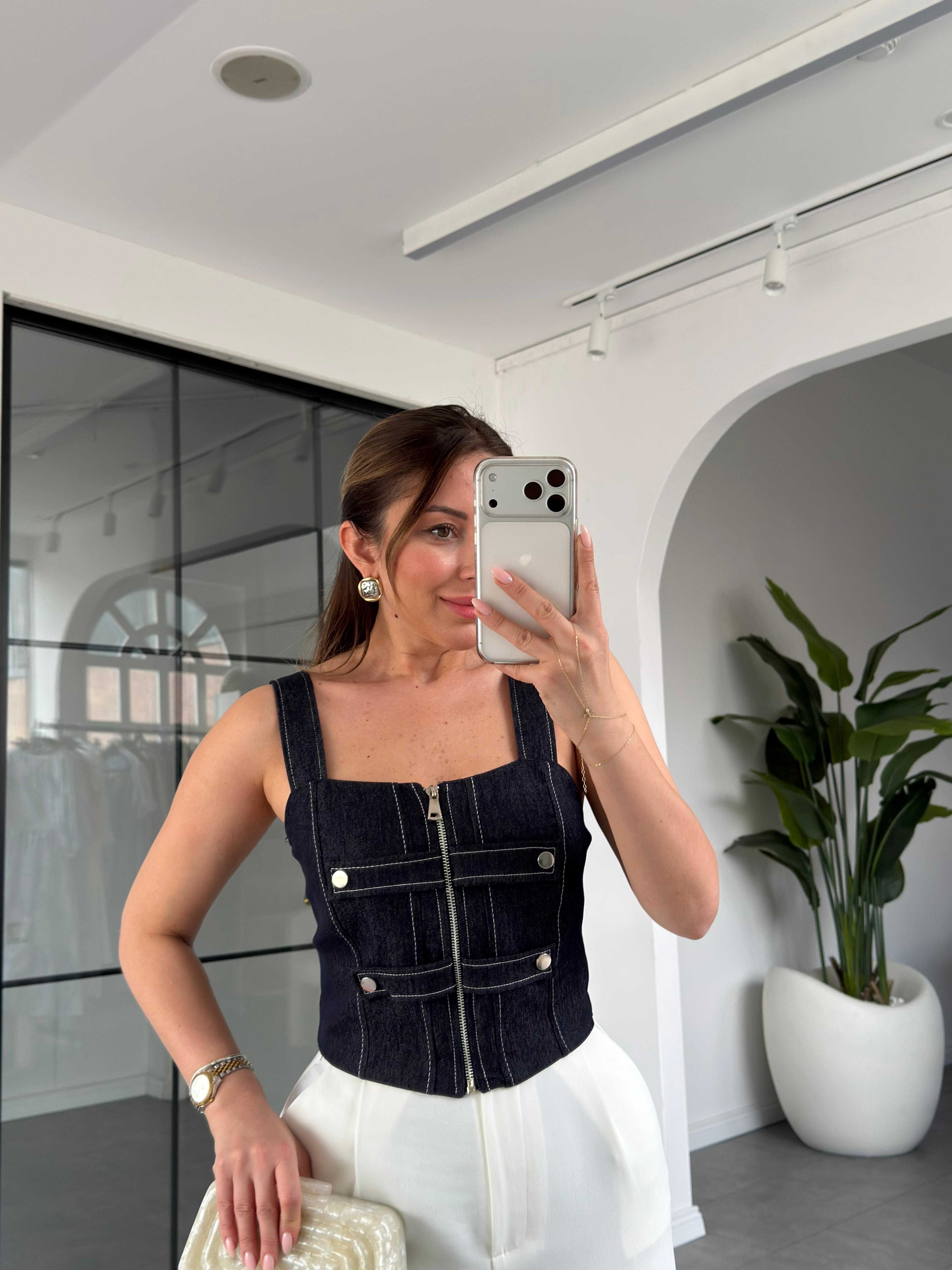 Apoletli Denim Korse Bluz