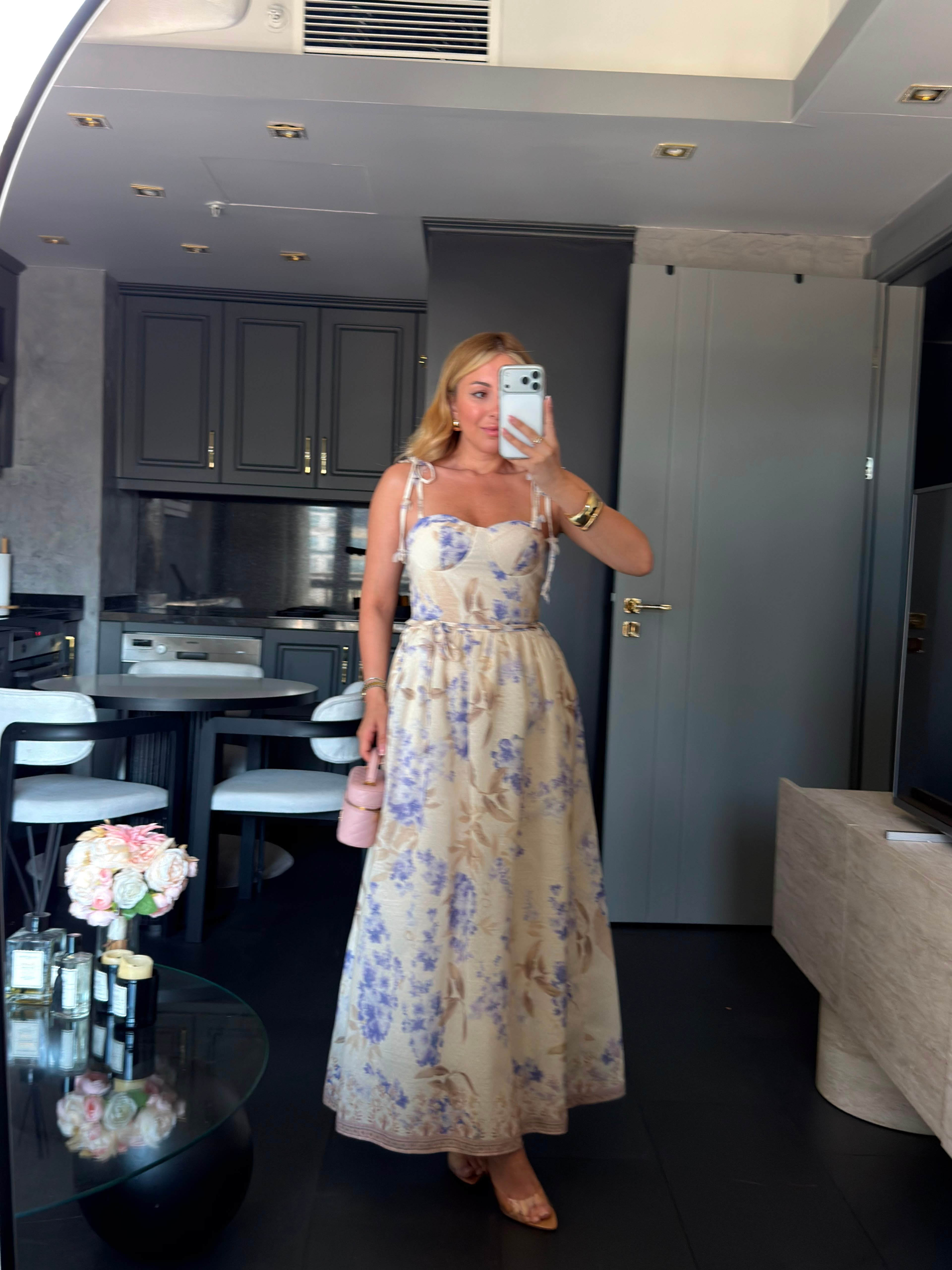 Çiçekli Bağlama Detaylı Kuşaklı Premium Elbise 8264