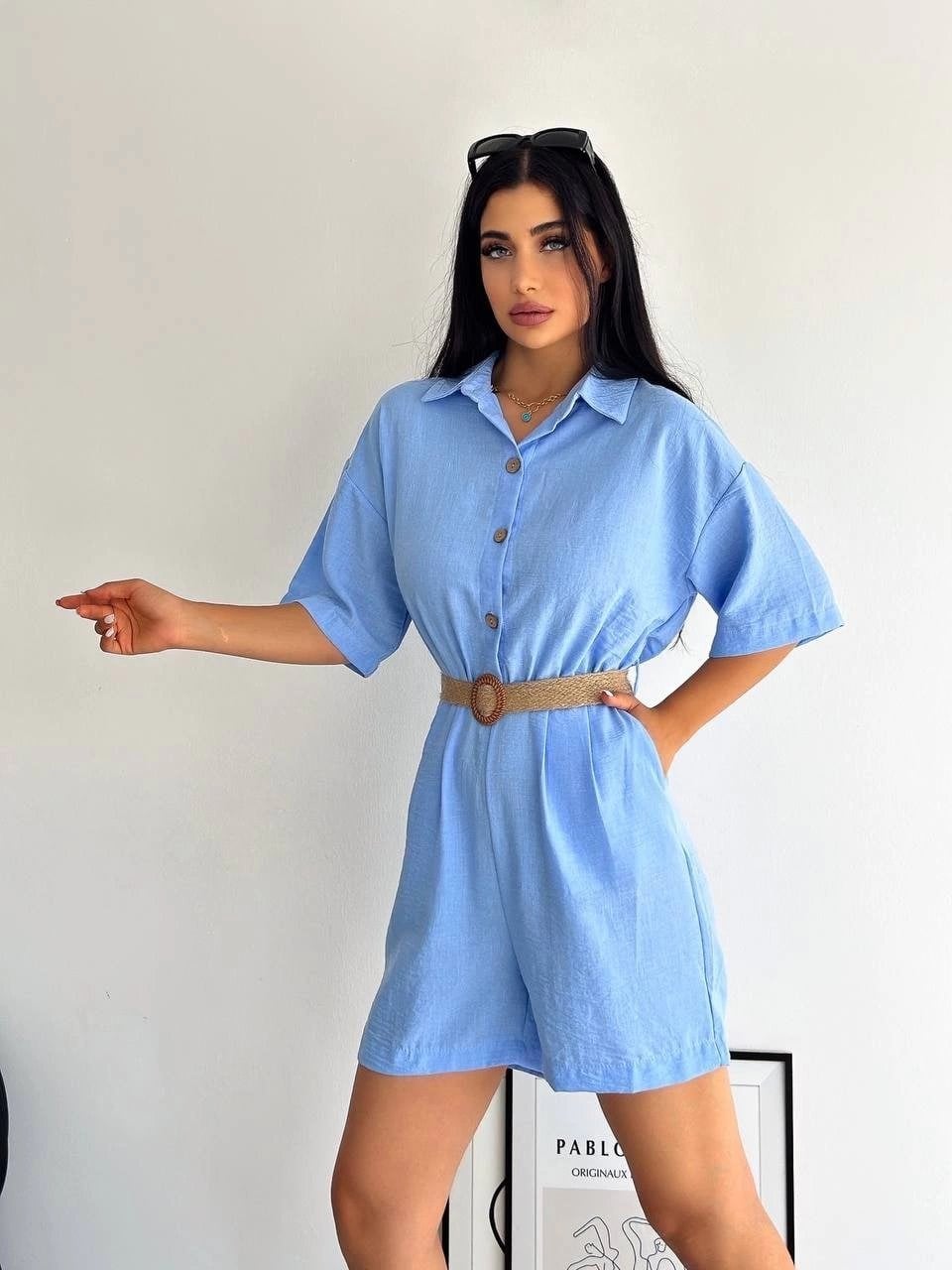 Bebe Mavi Hasır Kemerli Keten Tulum