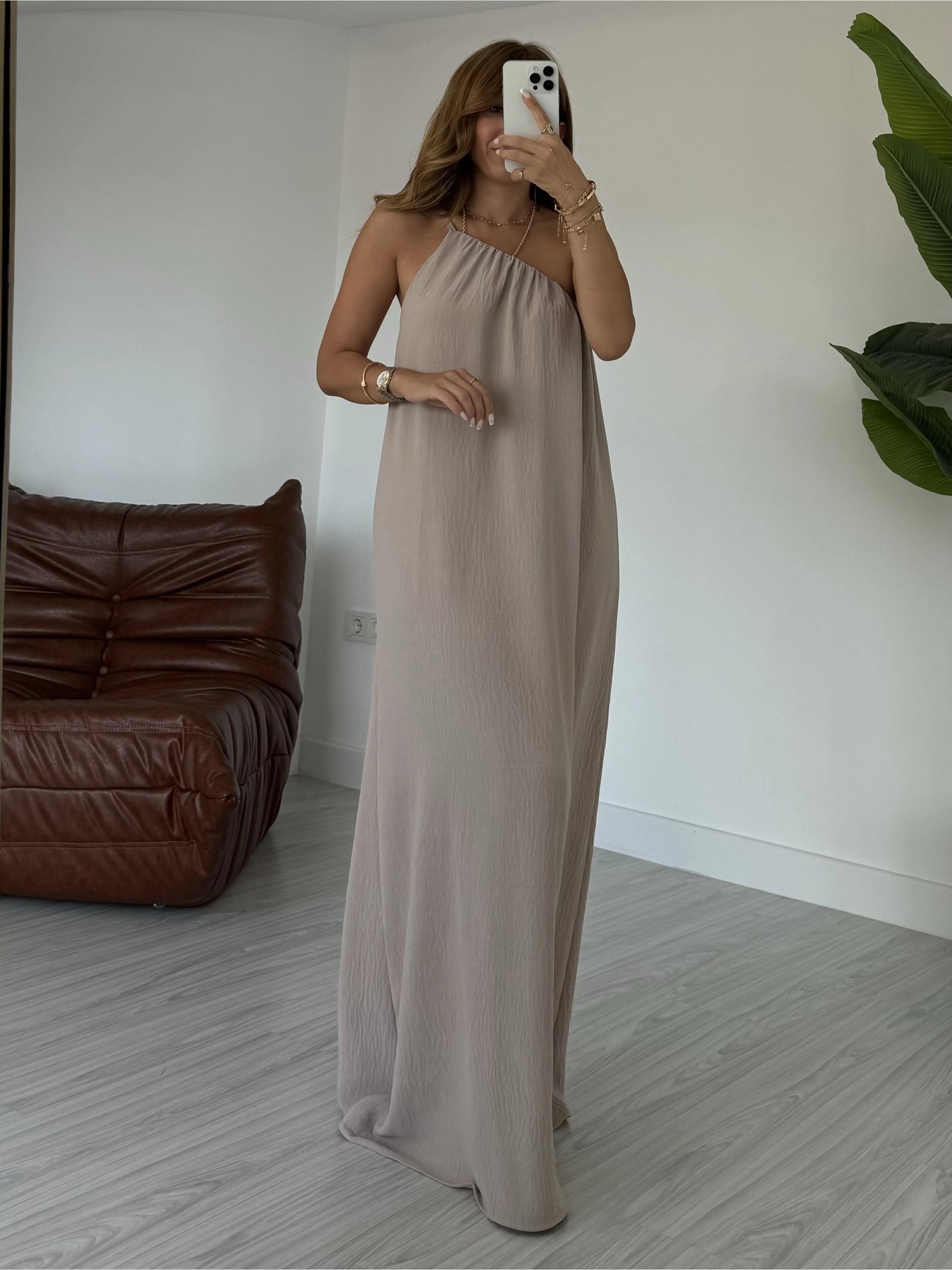 Bej Tek Askılı Maxi Boy Elbise