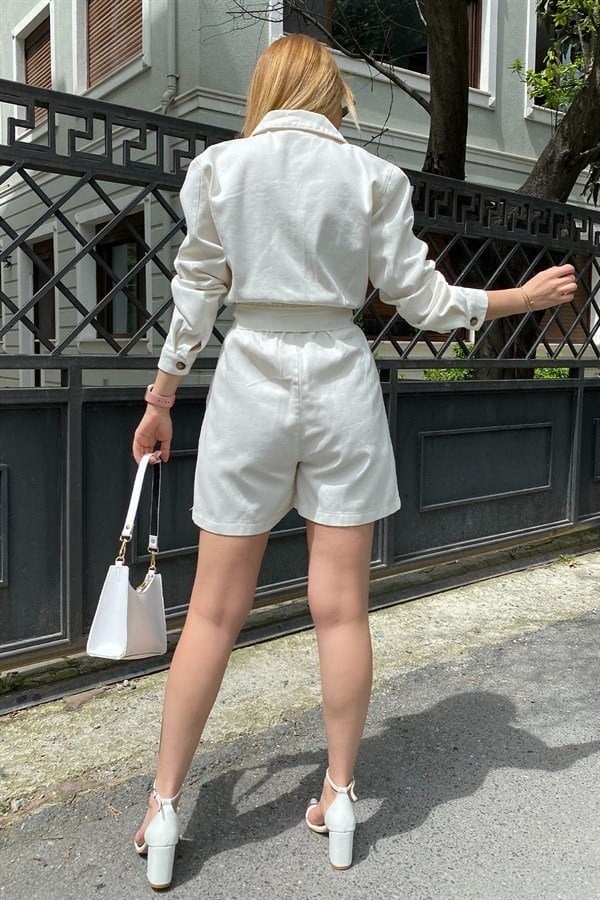 Beyaz Denim Kuşaklı Şort Tulum