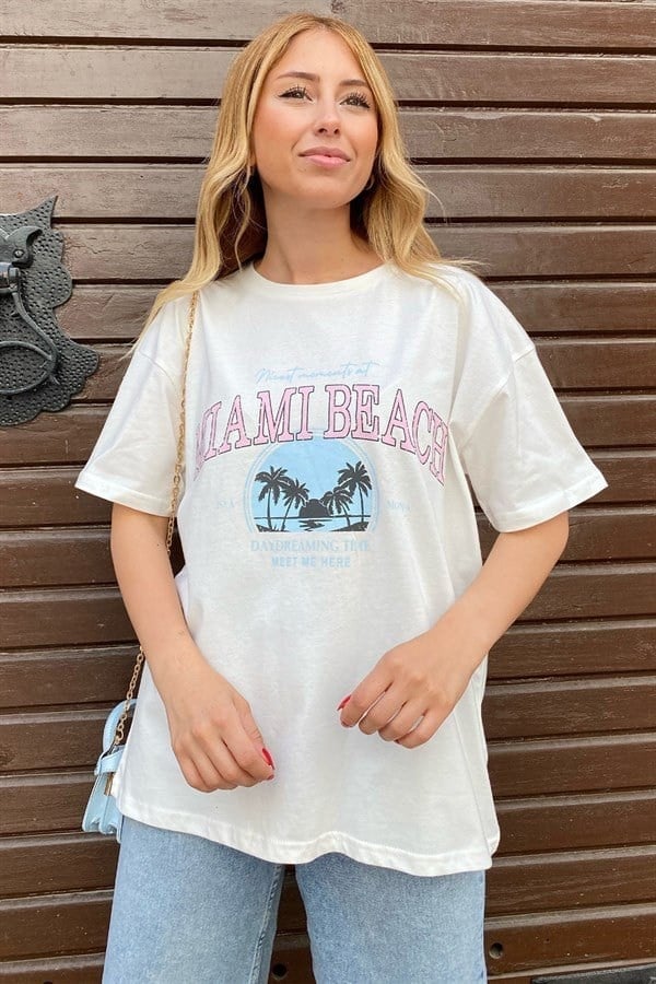 BEYAZ MIAMİ BEACH RENKLİ BASKILI BASIC TSHIRT