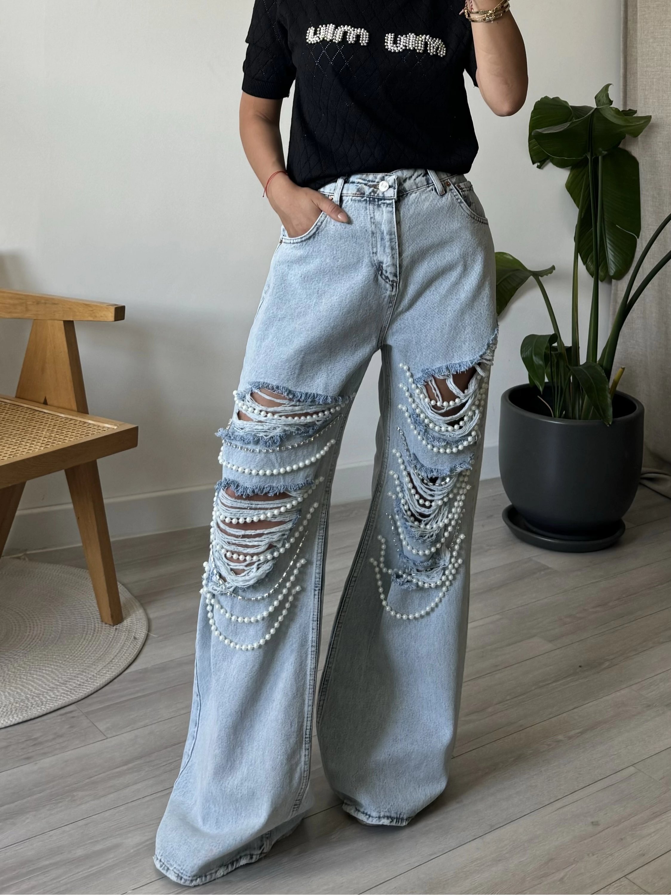 Blue Taşlı İncili Tasarım Jean