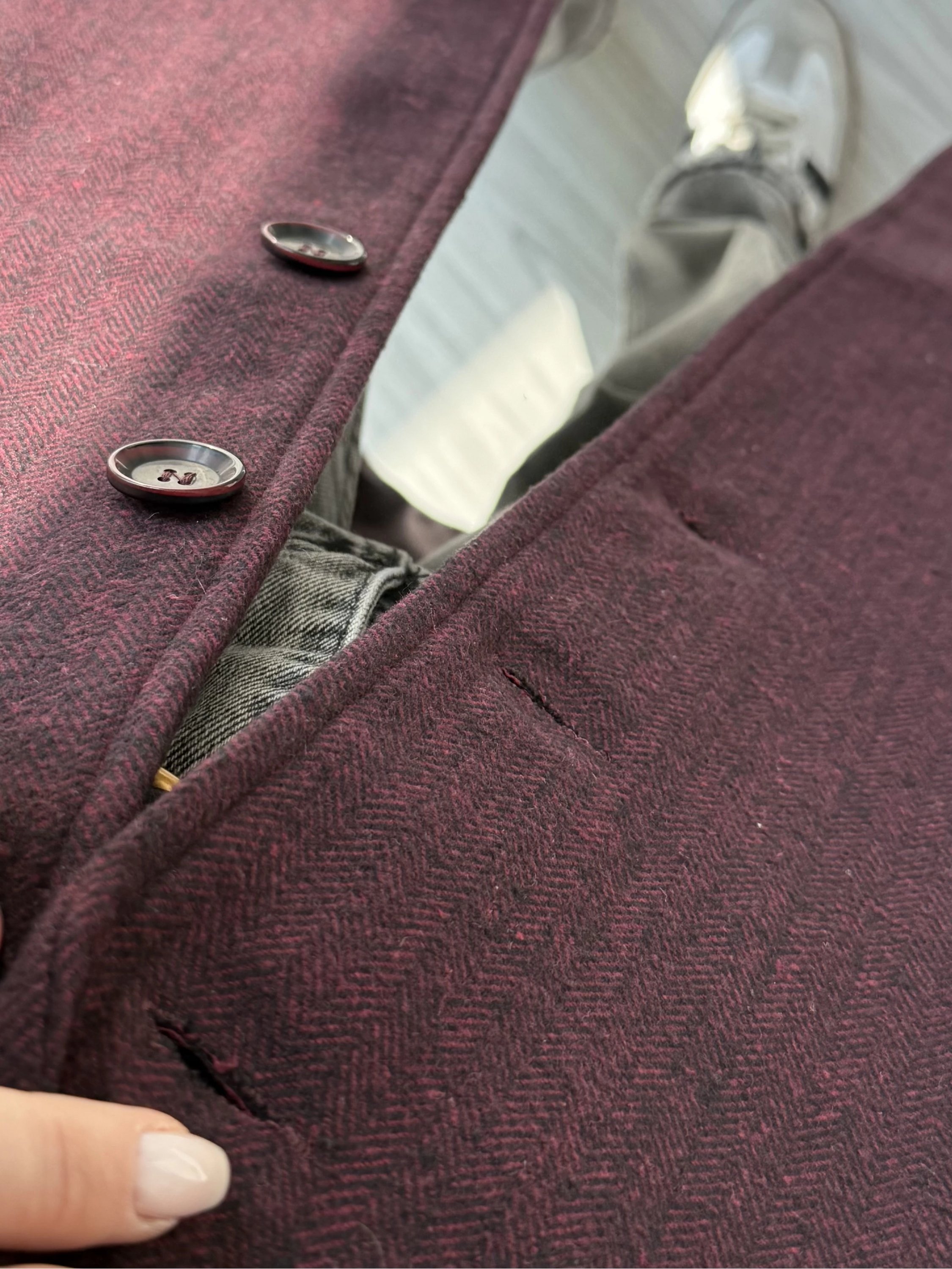 Bordo Balık Sırtı Düğmeli Uzun Kaban