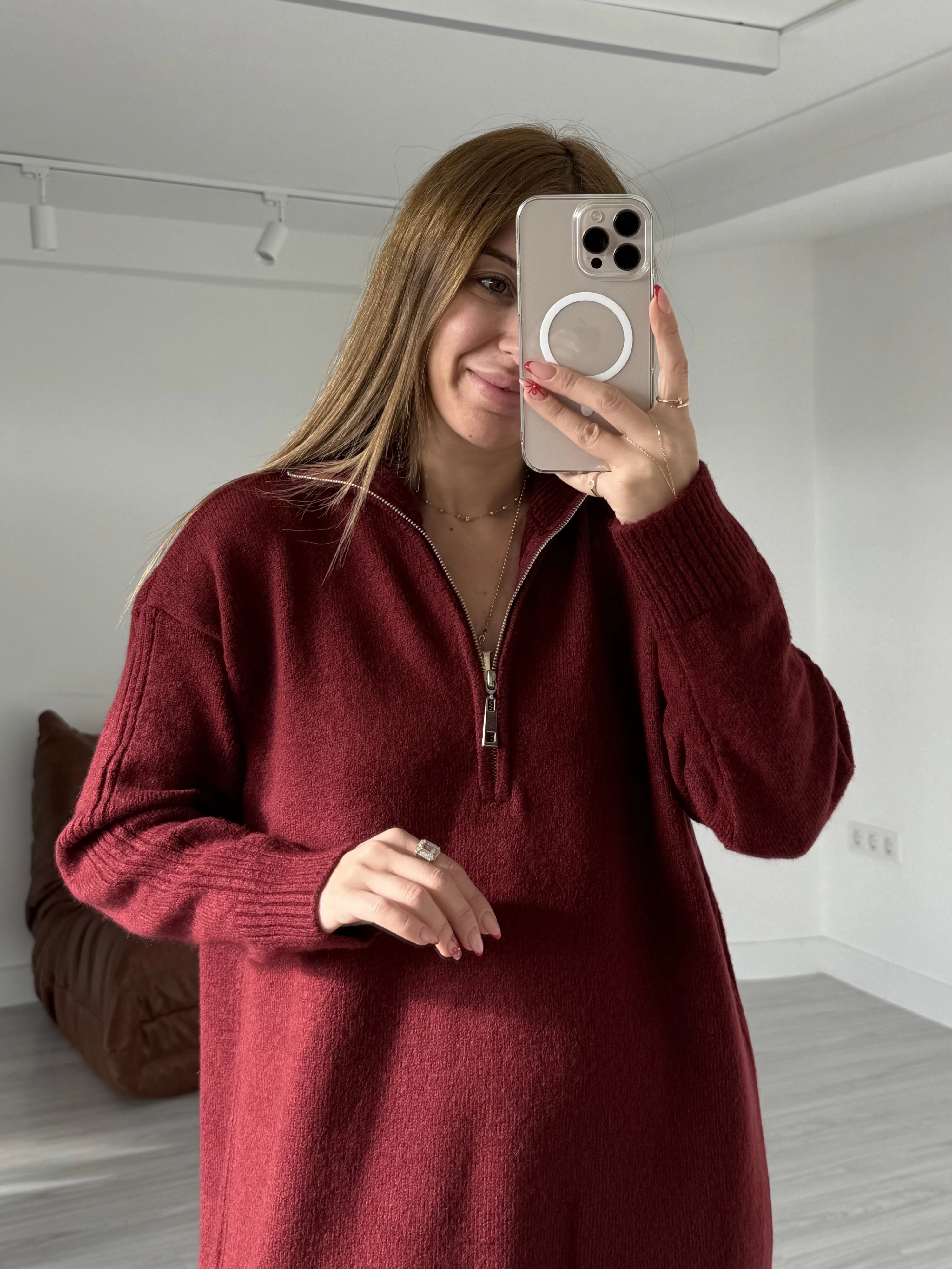 Bordo Fermuarlı Balıkçı Yaka Triko Elbise