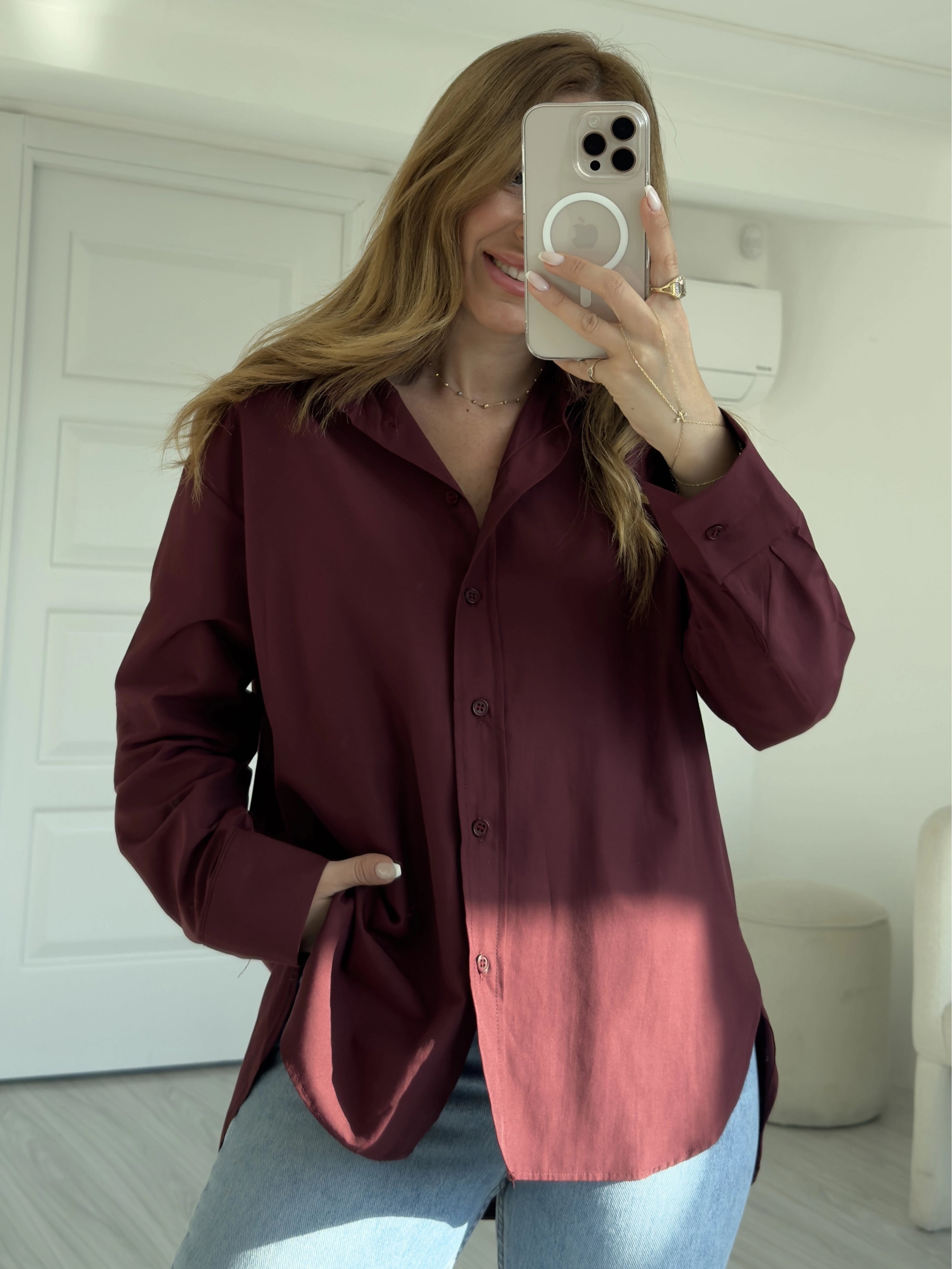 Bordo Oversize Poplin Gömlek