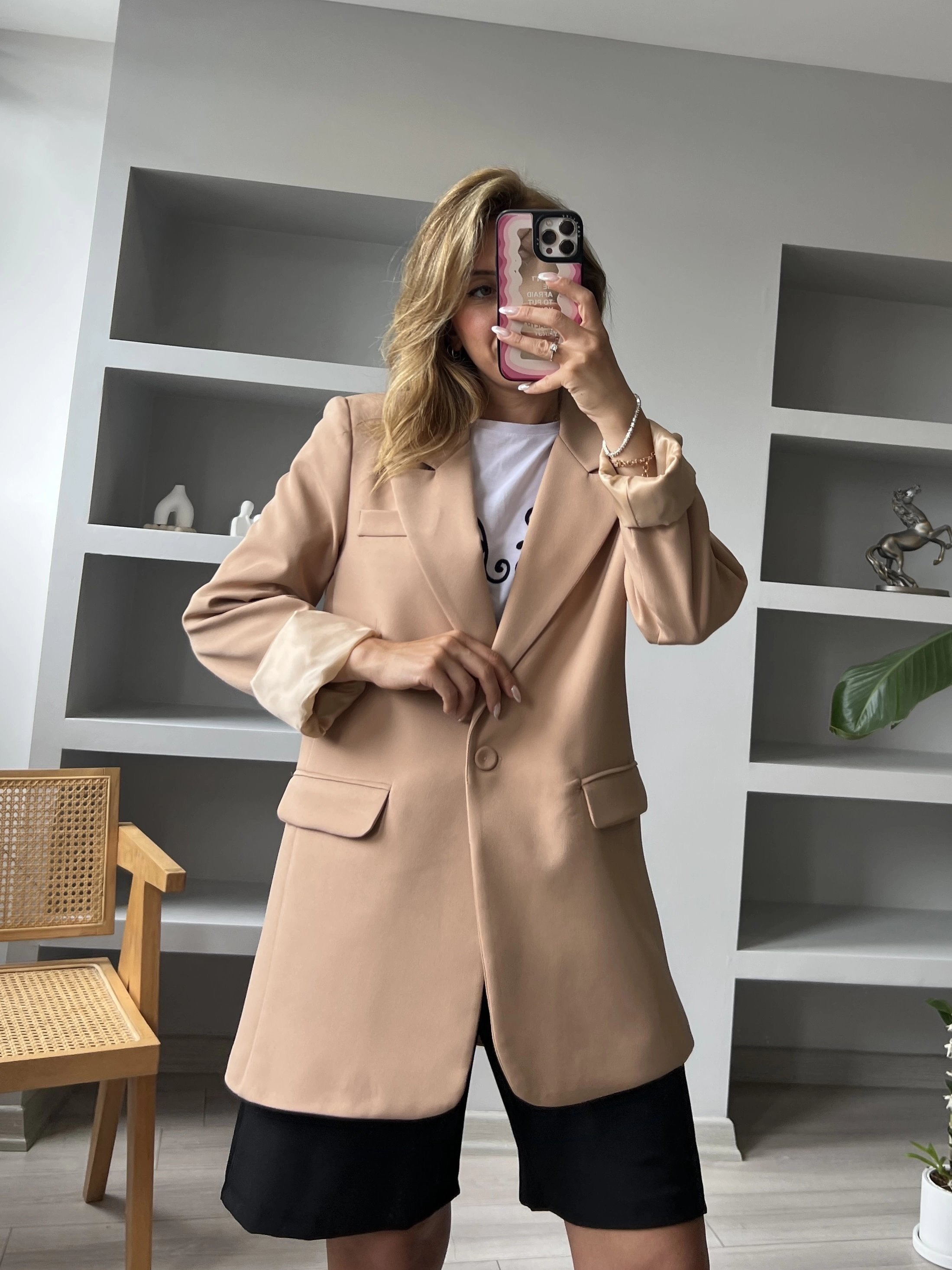 Camel Tek Düğme Salaş Astarlı Ceket