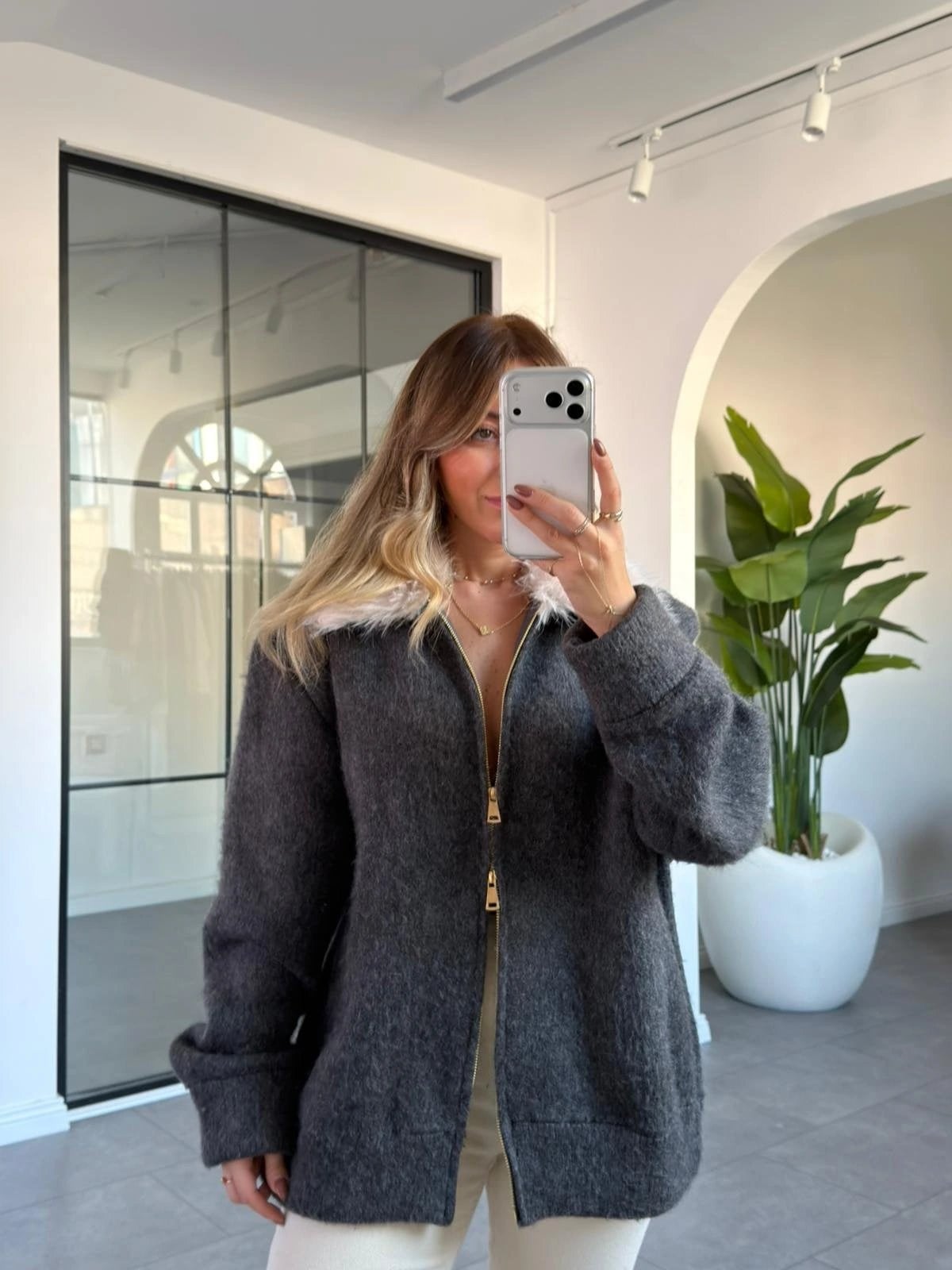 CAMEL YAKASI KÜRK DETAYLI HIRKA
