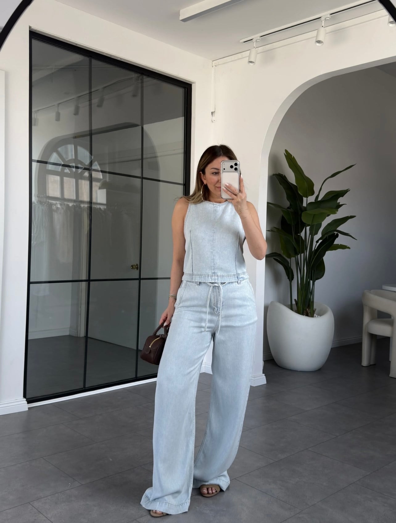 Fermuarlı Bluz Beli İpli Tencel Takım 001