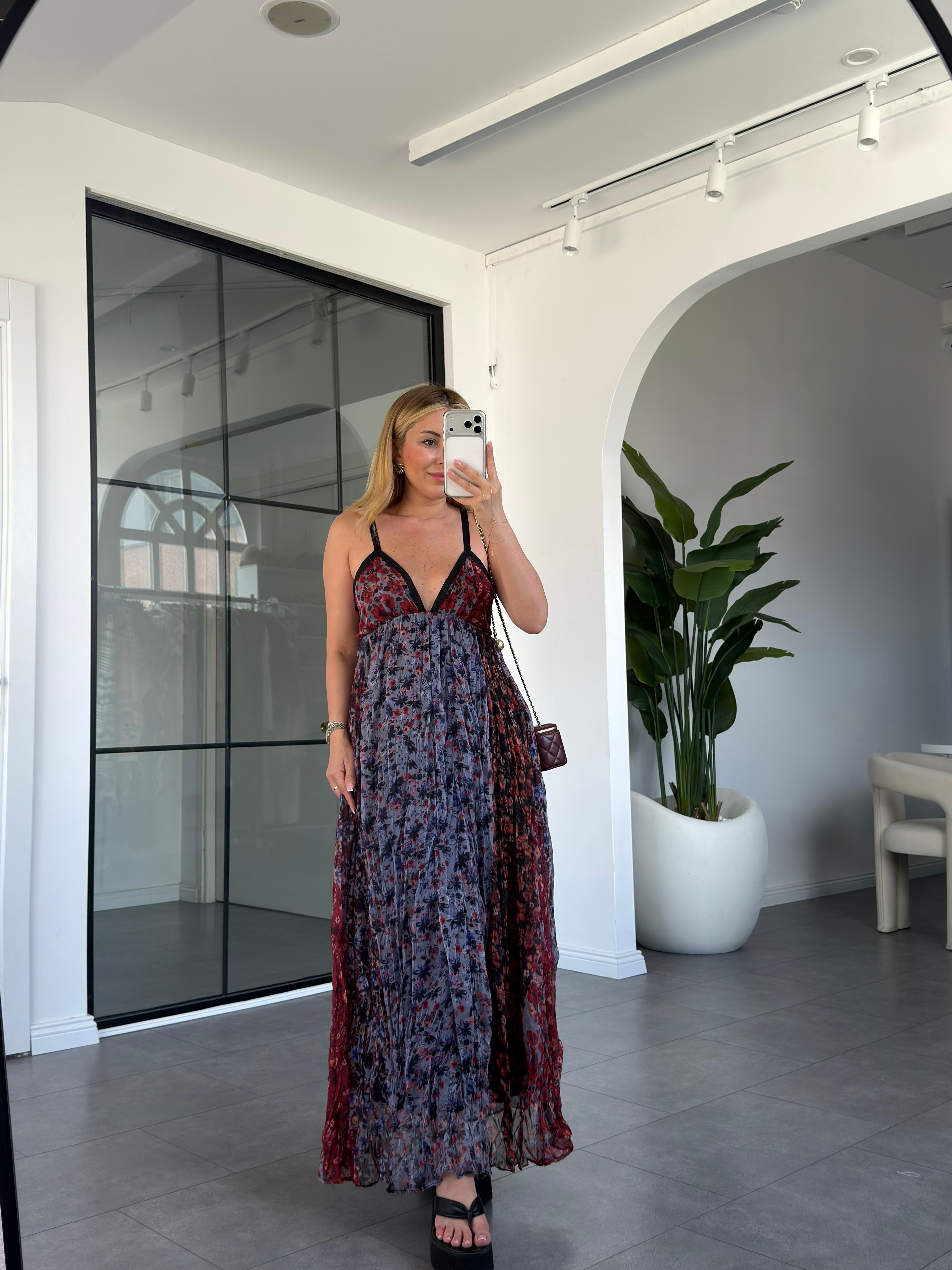 Kraşlı Sırt Dekolteli Desenli Elbise 00268