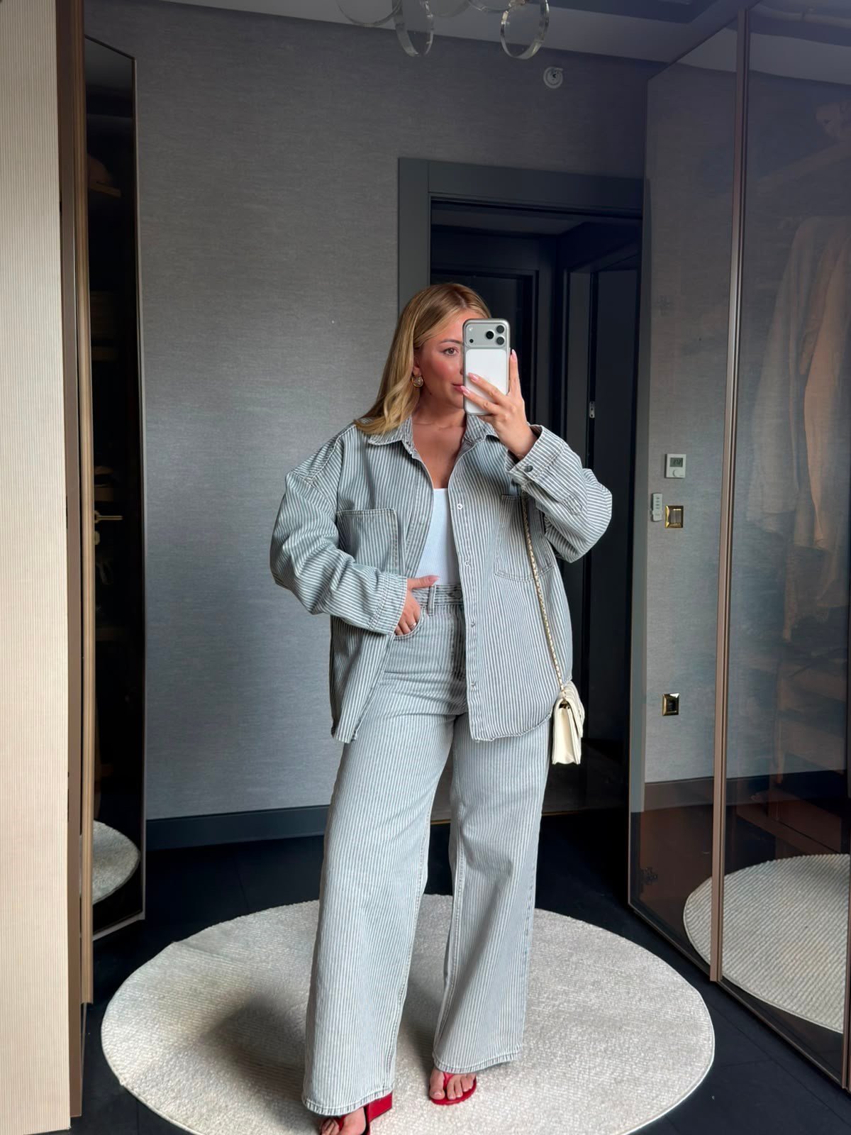Oversize Çizgili Denim Takım 3666