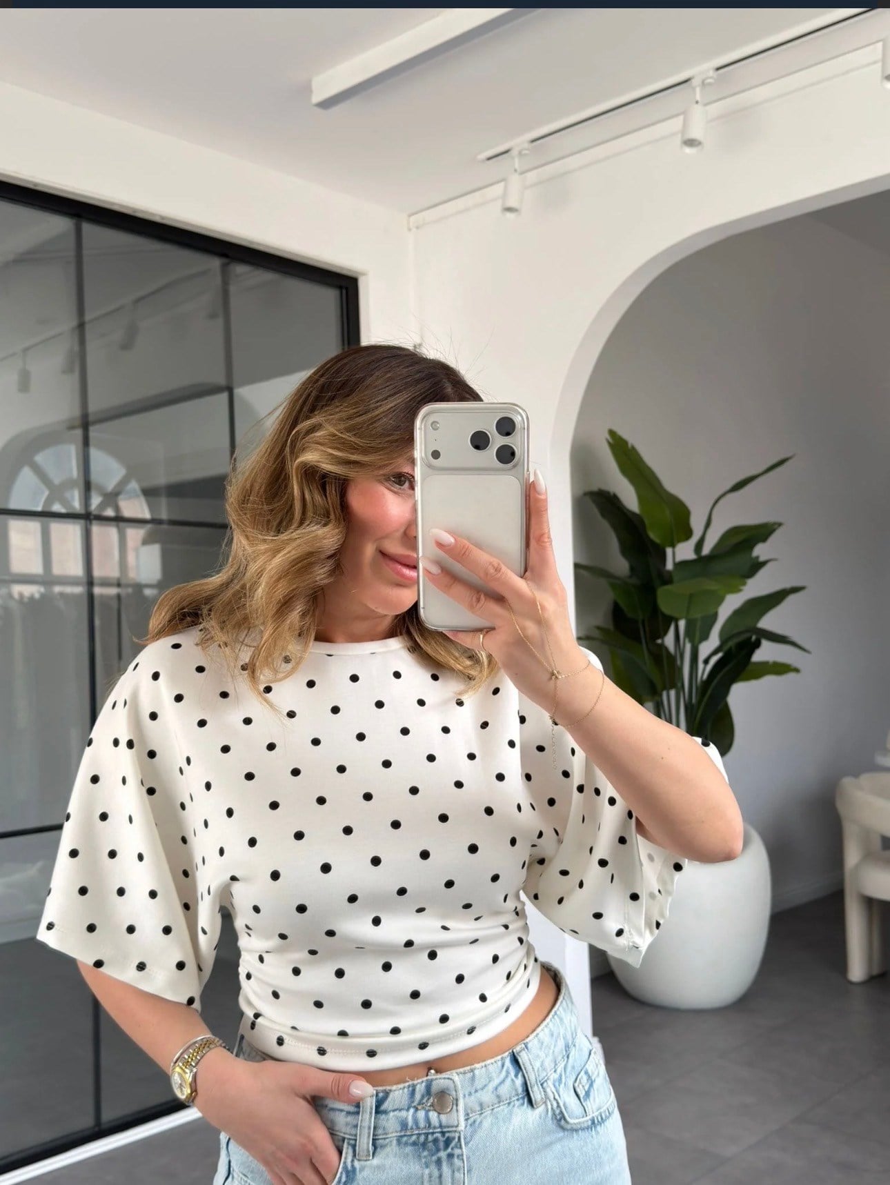 Puantiye Desen Bel Büzgülü T-Shirt 1105