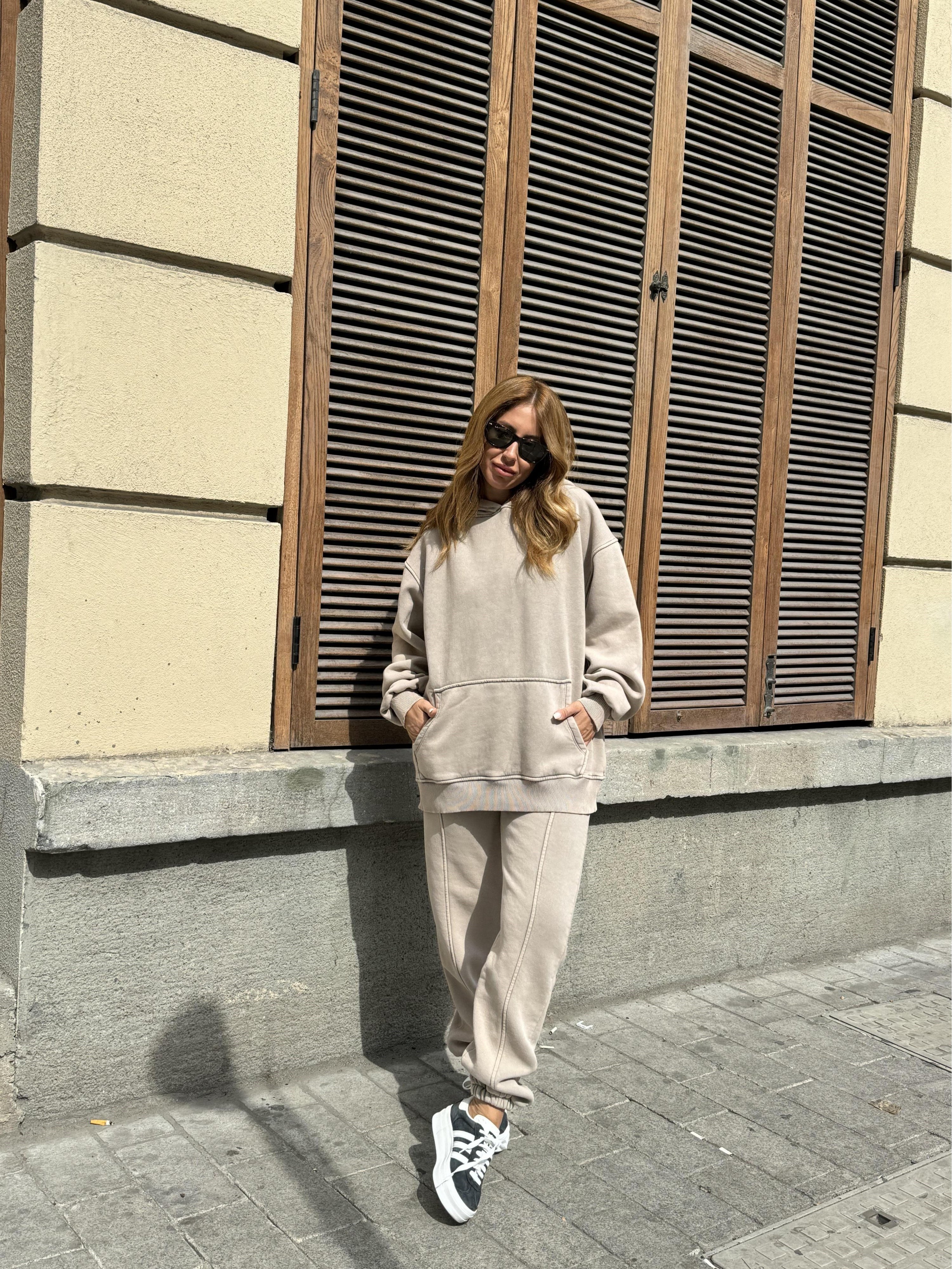 Bej Kanguru Cepli Oversize Kapüşonlu Takım