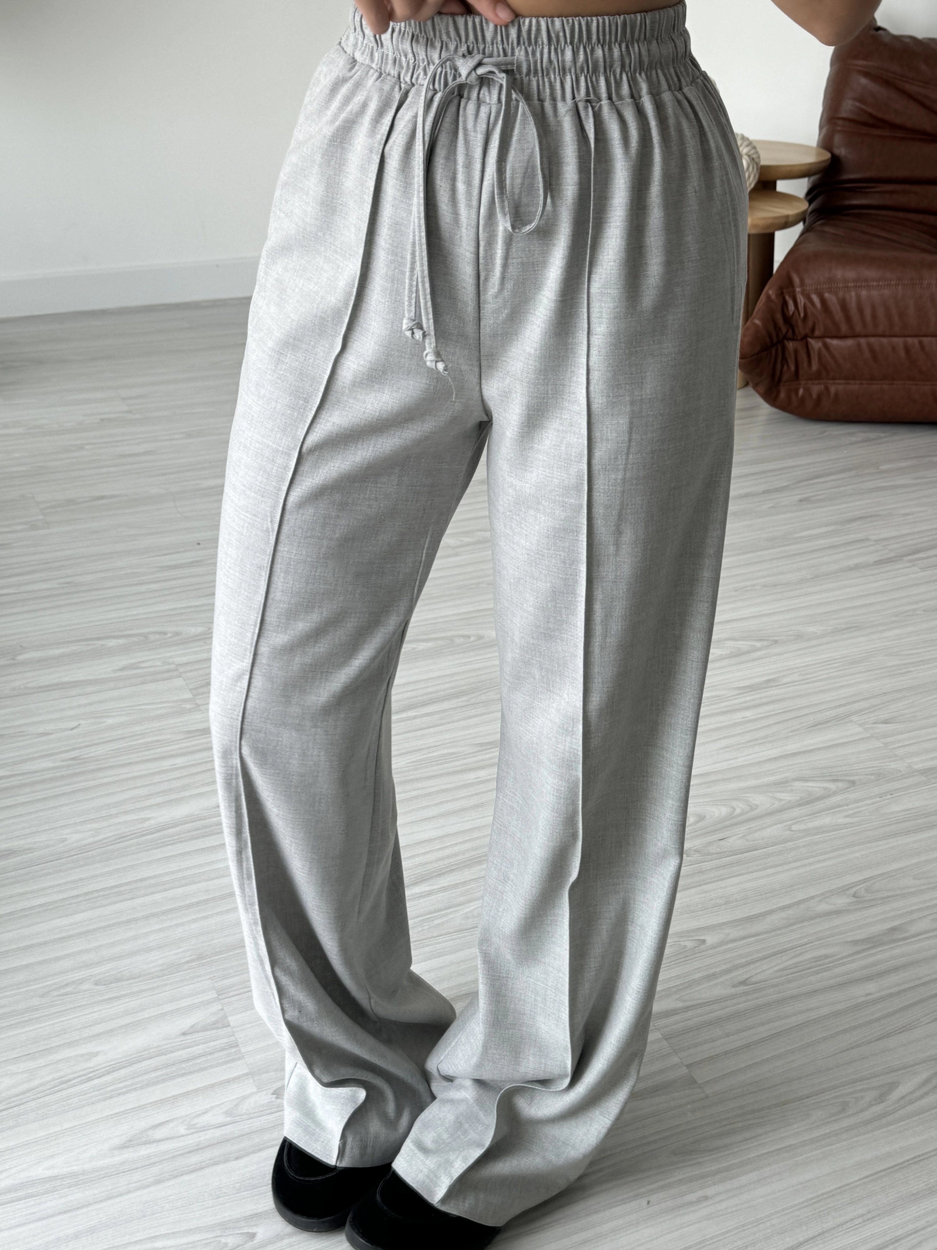 Gri Beli Bağlamalı Nervür Pantolon