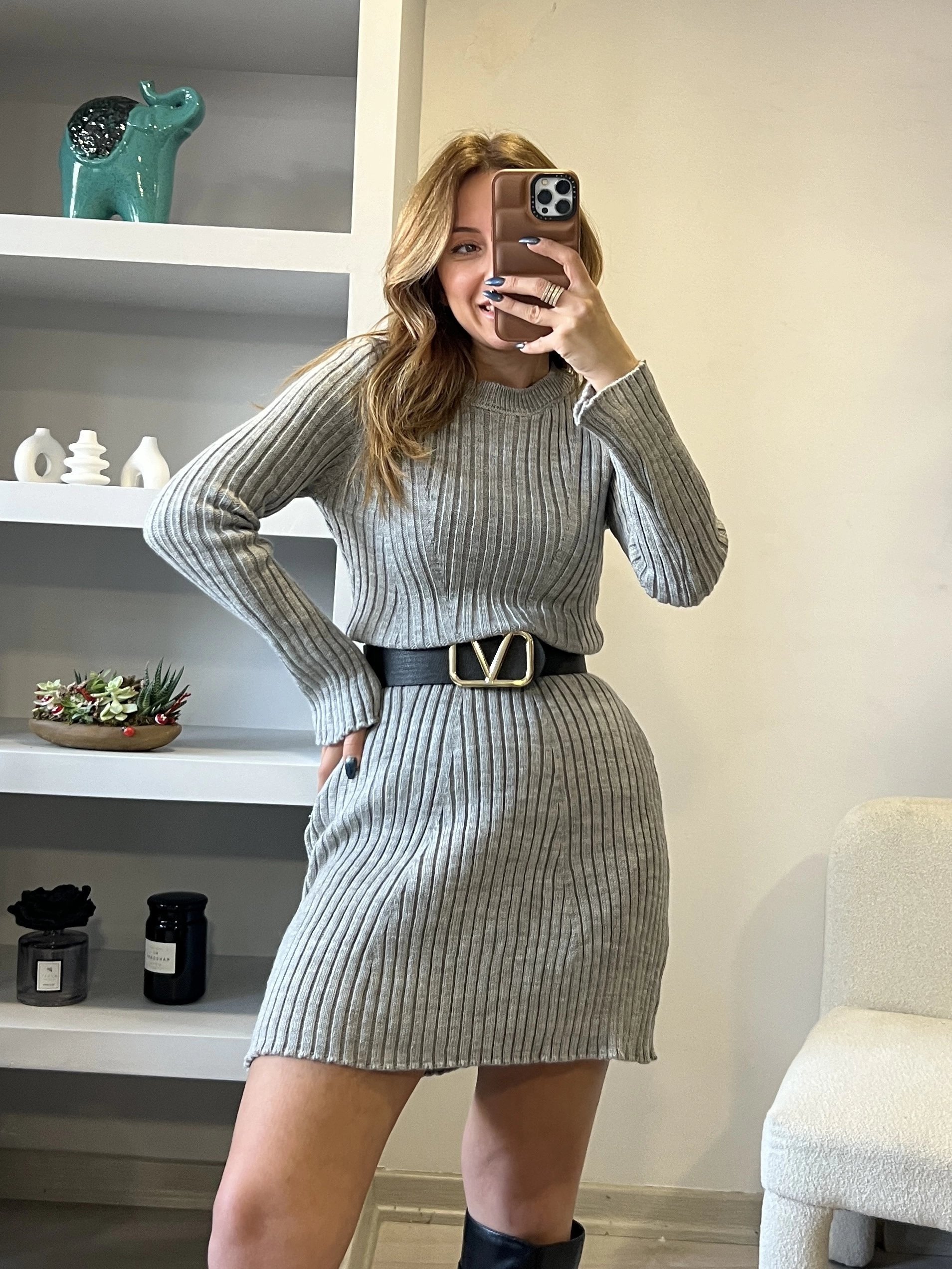 Gri Mini Triko Elbise