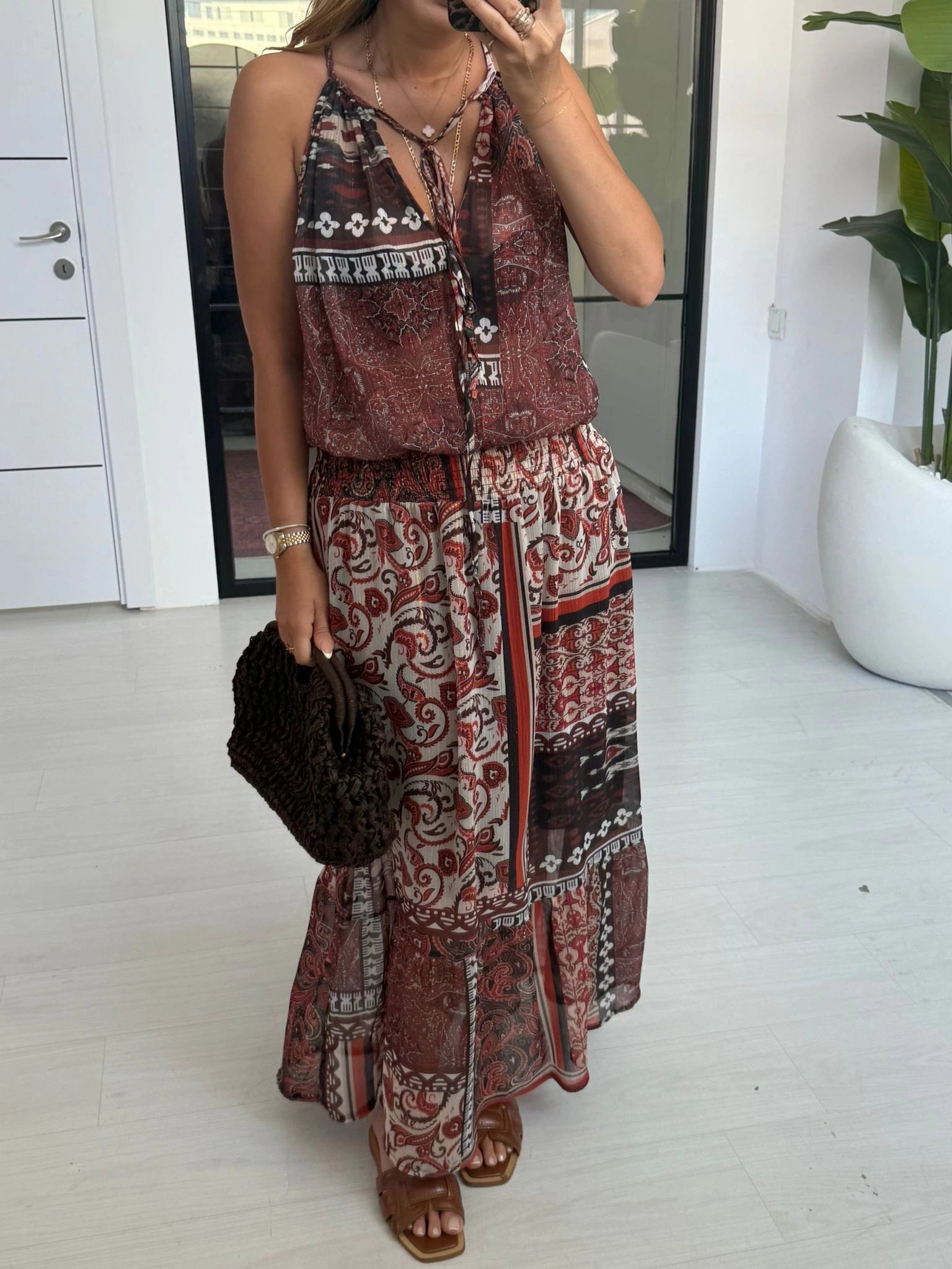 KAHVE ETNİK DESEN ELBİSE