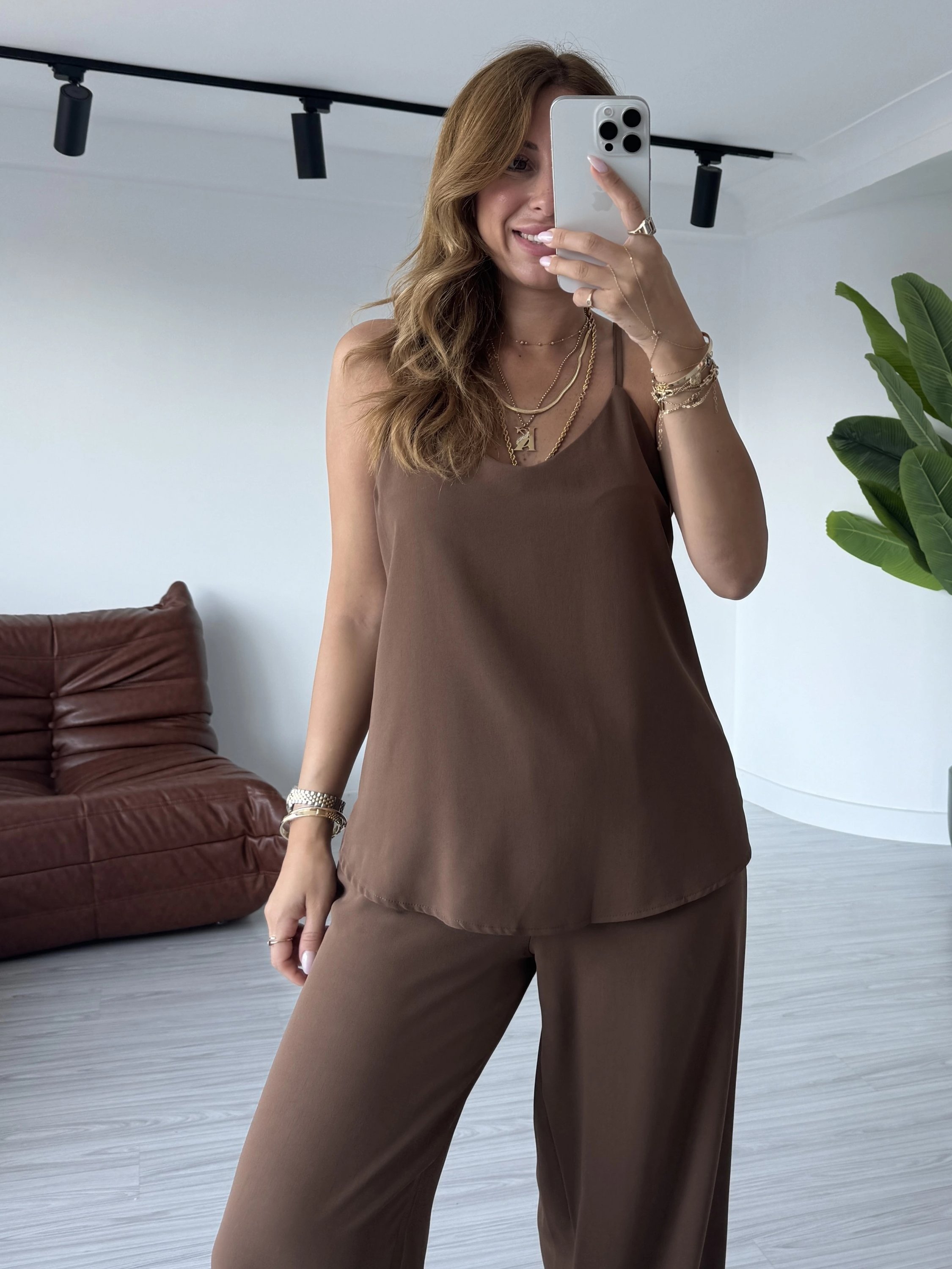 Kahve İnce Askılı Bluz Takım