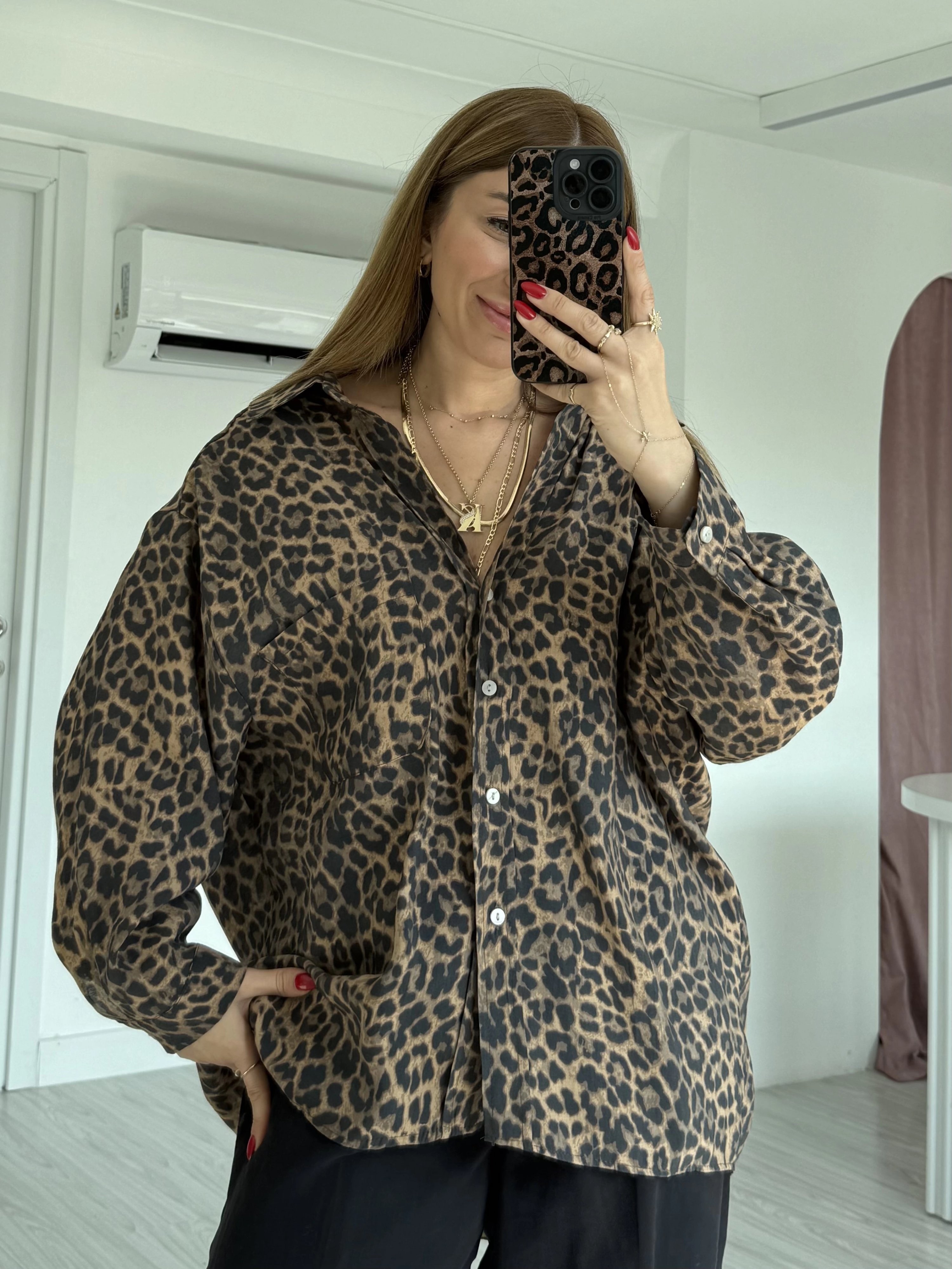 Kahverengi Leopar Baskılı Oversize Gömlek