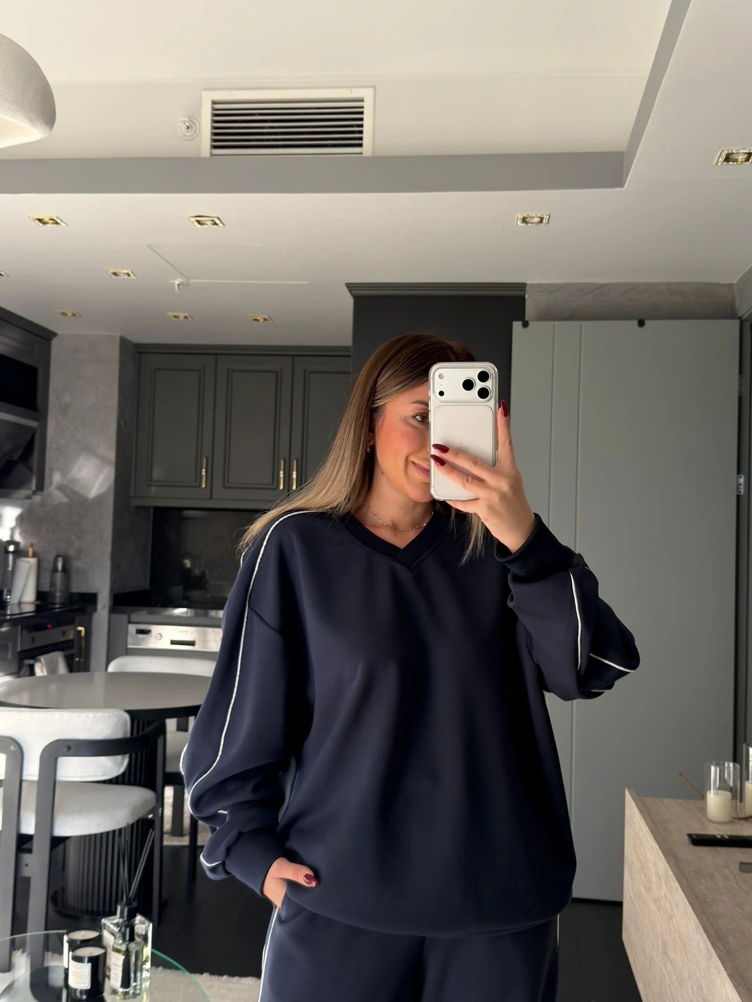 LACİVERT ÇİFT ŞERİT DETAYLI MODAL TAKIM