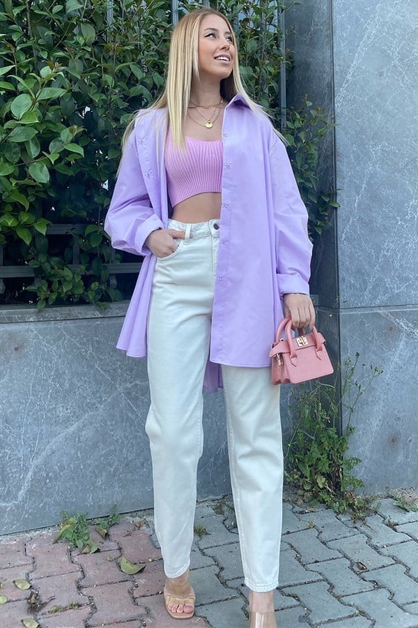 LİLA ARKASI DÜĞME DETAYLI OVERSIZE GÖMLEK