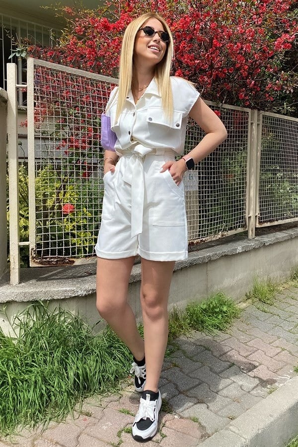 Mavi Kısa Kol Kuşaklı Çıt Çıtlı Şort Tulum