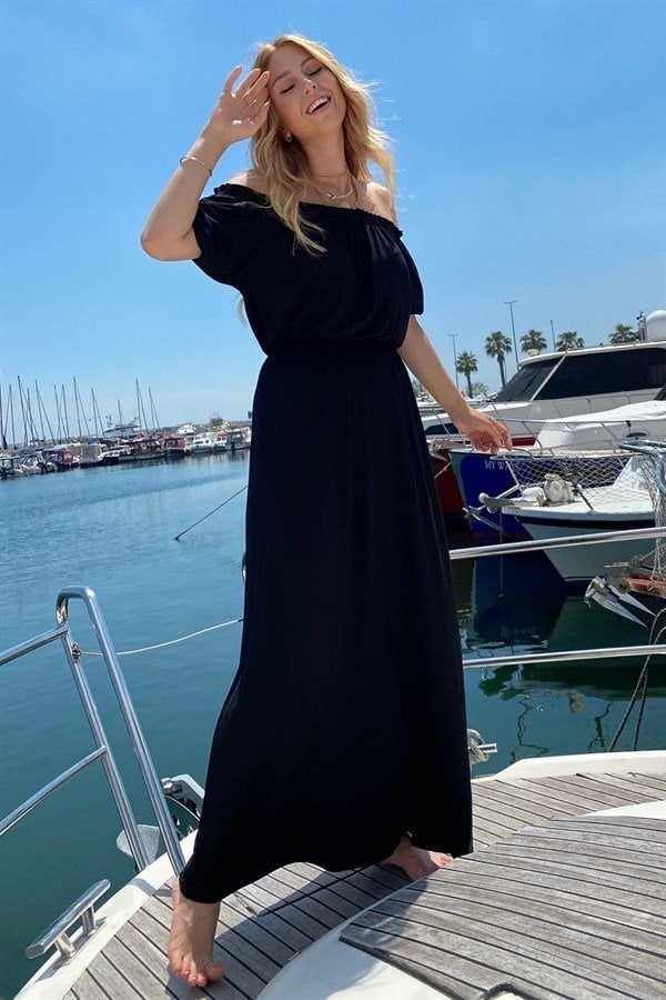 SAKS MAVİ MADONNA YAKA BELİ BÜZGÜLÜ JARSE MAKSİ BOY ELBİSE