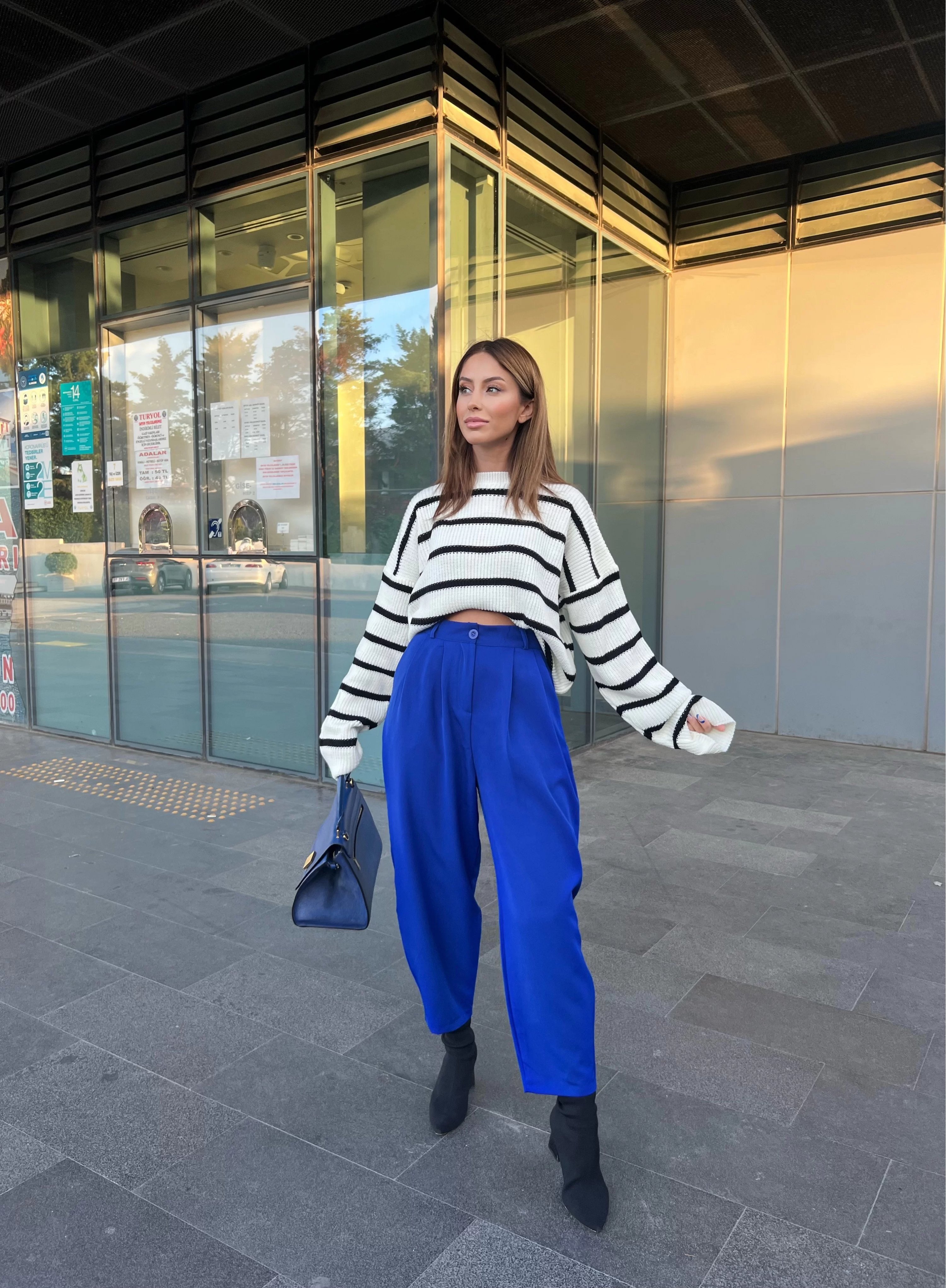 Saks Mavi Şalvar Model Krep Pantolon