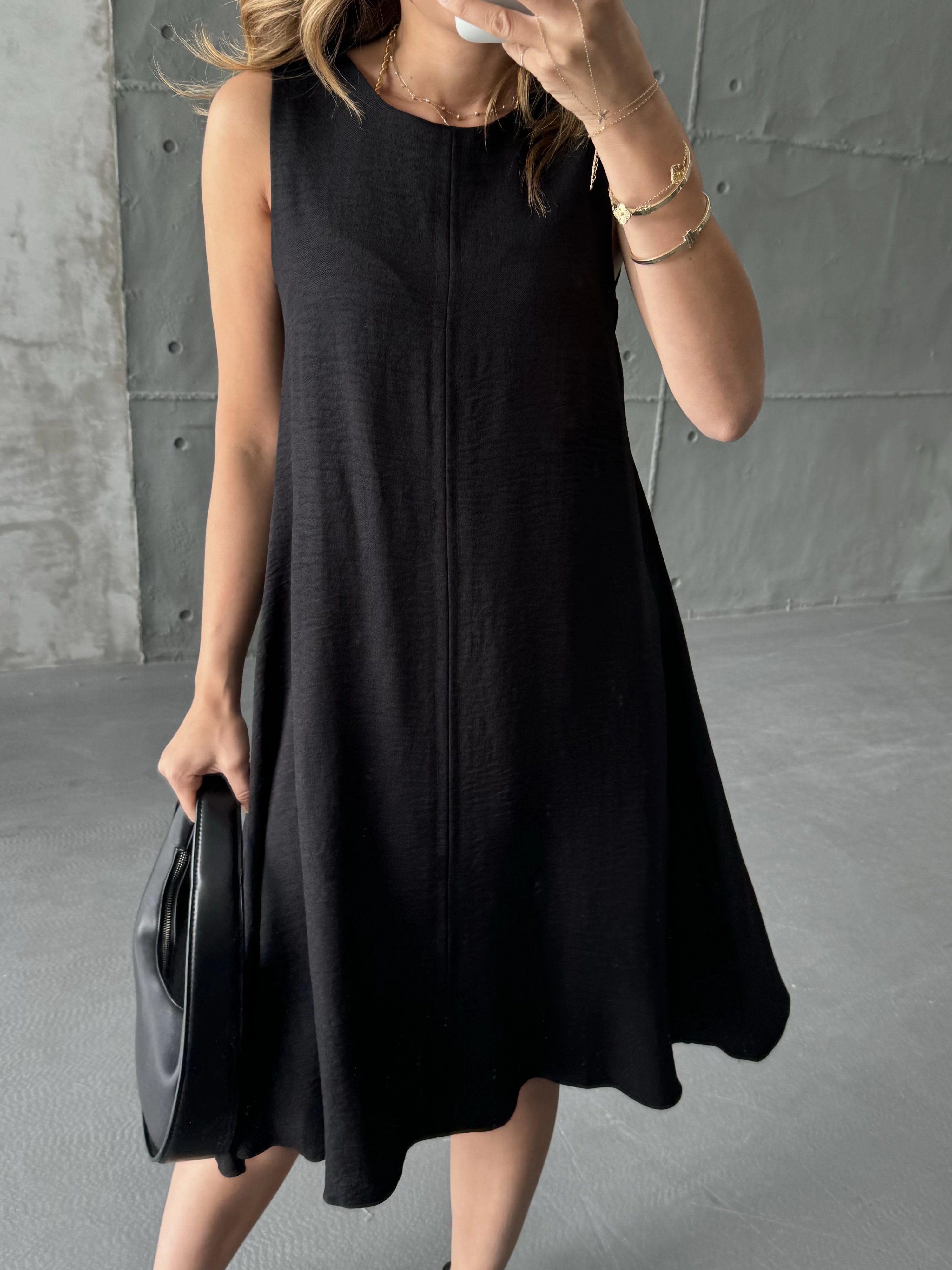Siyah A Kesim Keten Elbise