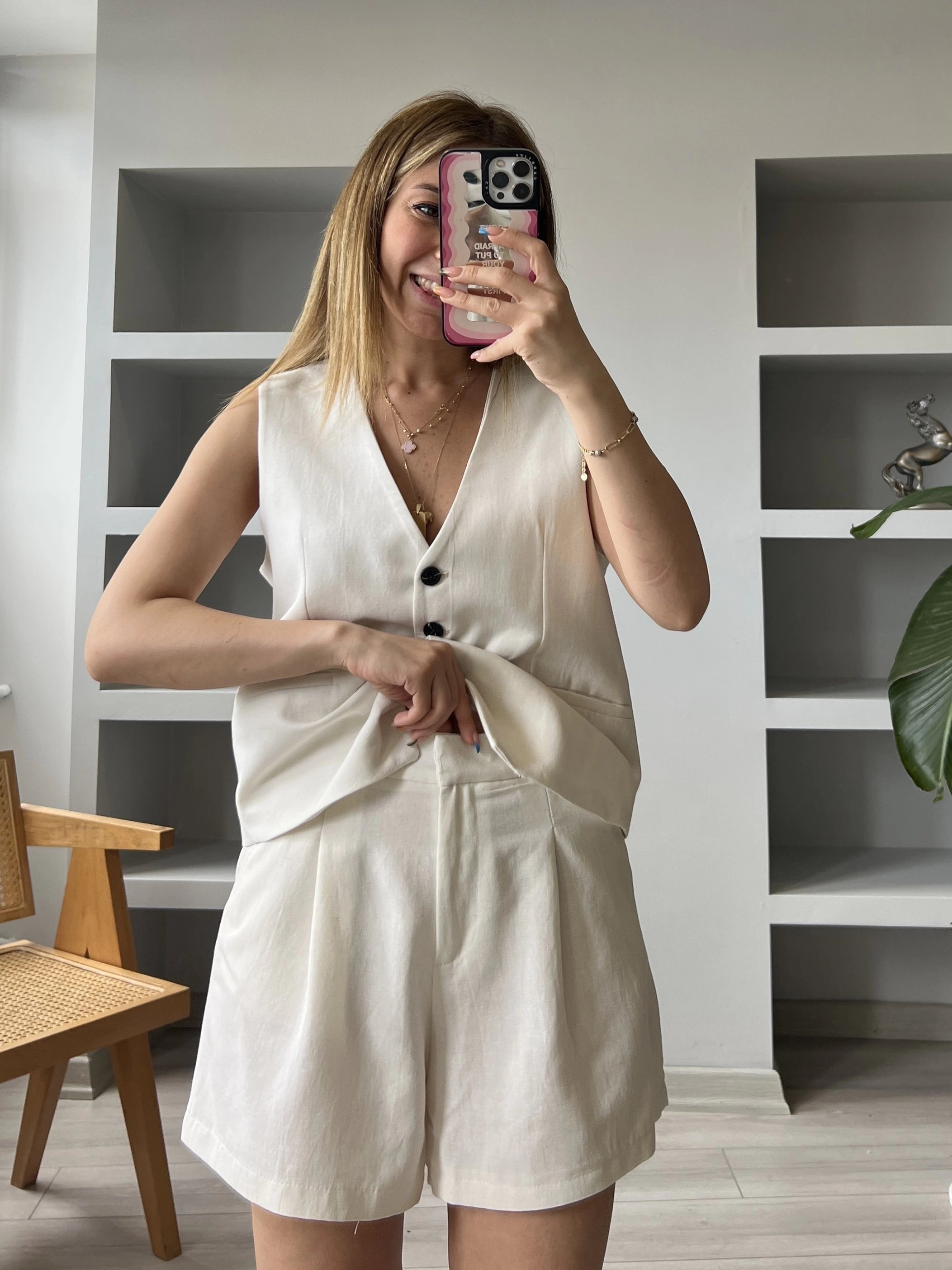 Taş ZR Model %100 Keten Yelekli Şort Takım