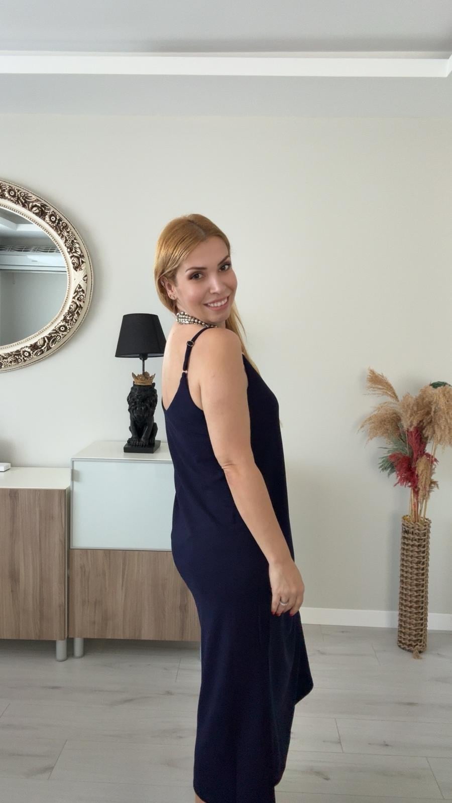 Askılı Krep Elbise Lacivert
