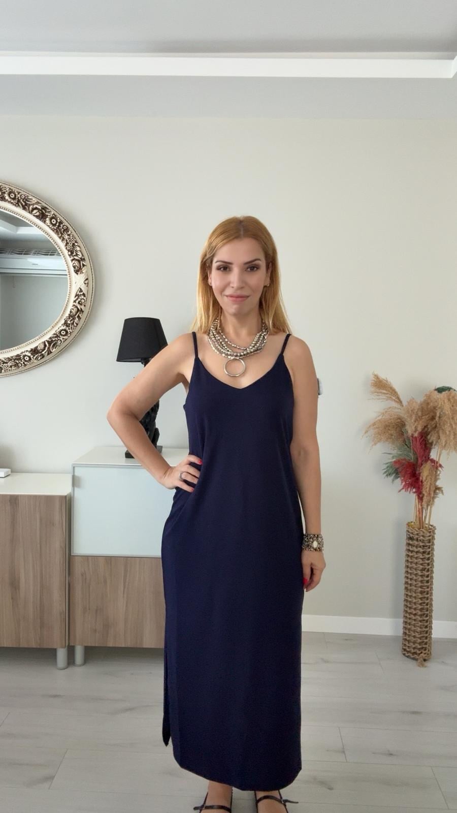 Askılı Krep Elbise Lacivert