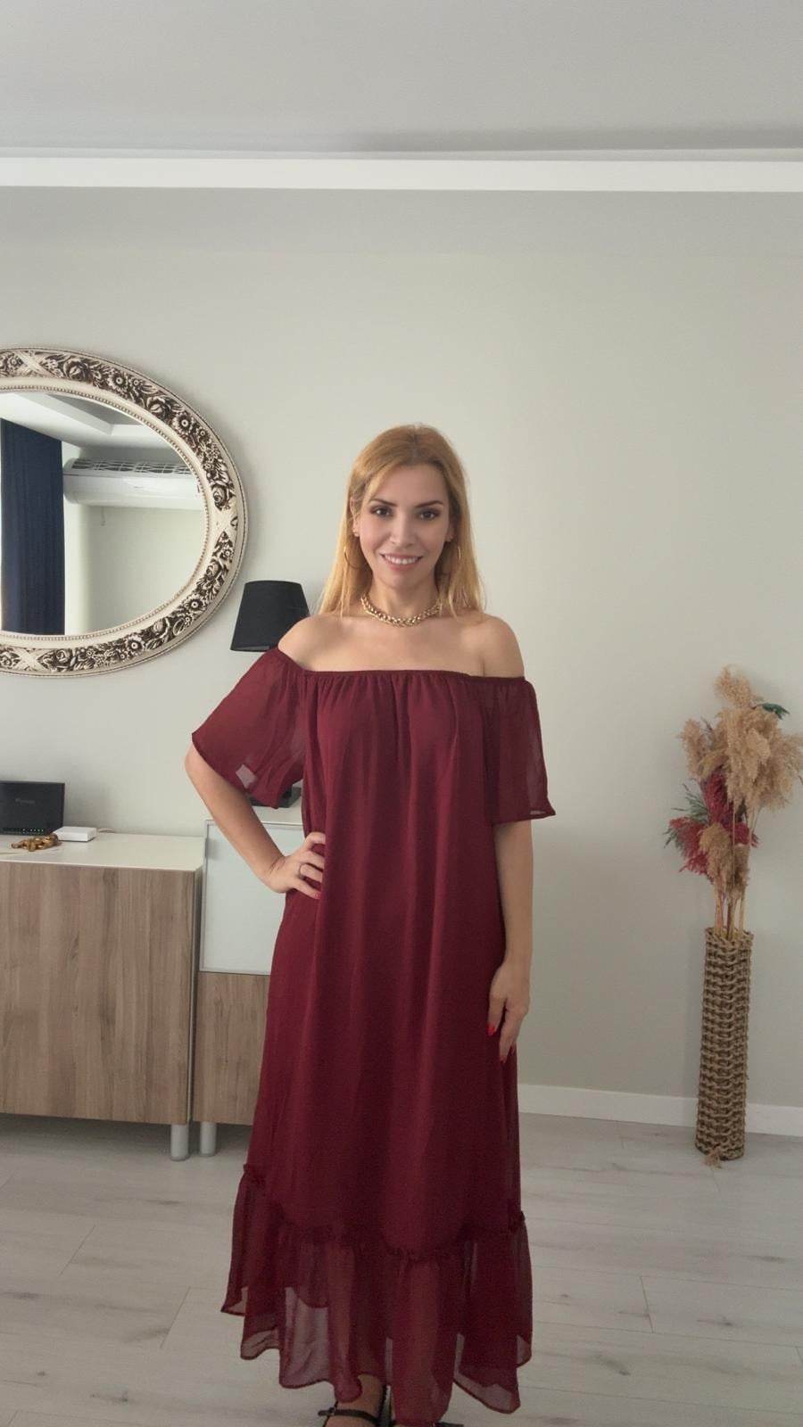Madonna Yaka Şifon Elbise Kırmızı