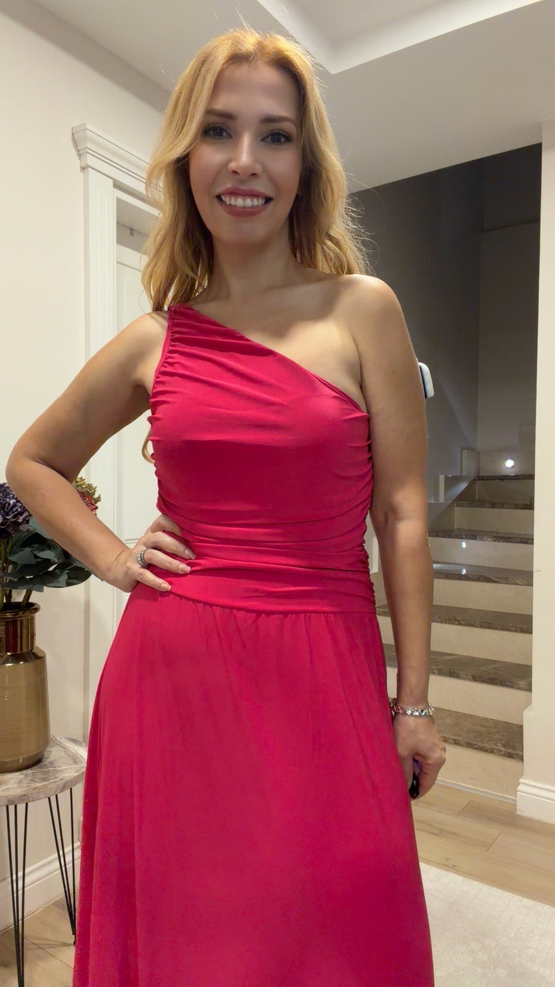 Sandy Tek Omuz Elbise Pembe