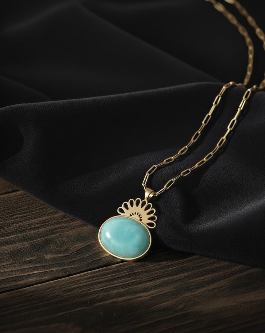 Doğal Aquamarine Taşı Kolye-Pirinç