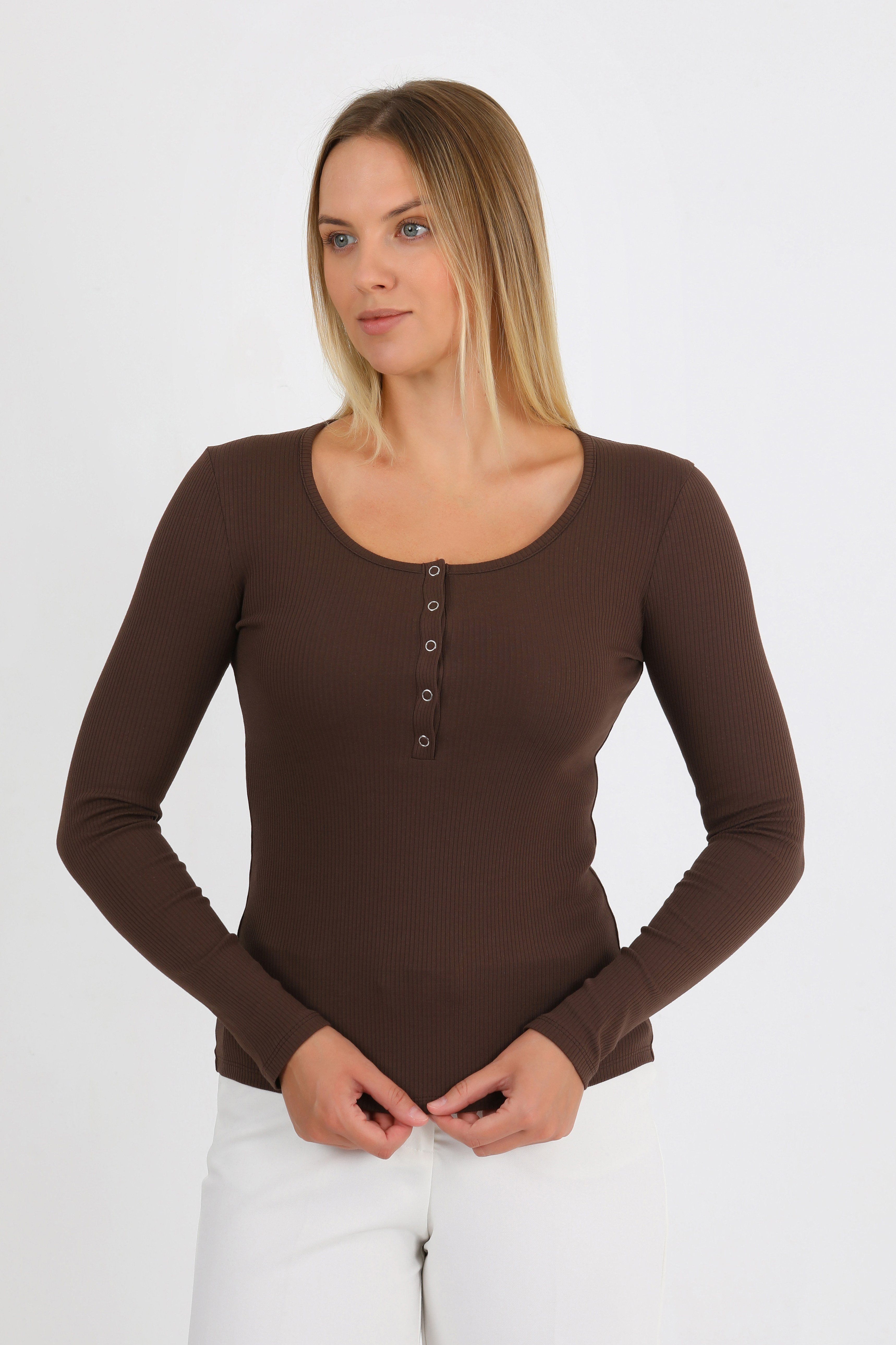 Hdm Kadın Kahverengi Uzun Kollu Fitilli Patlı Çıtçıtlı Basic Örme Bluz - H6172