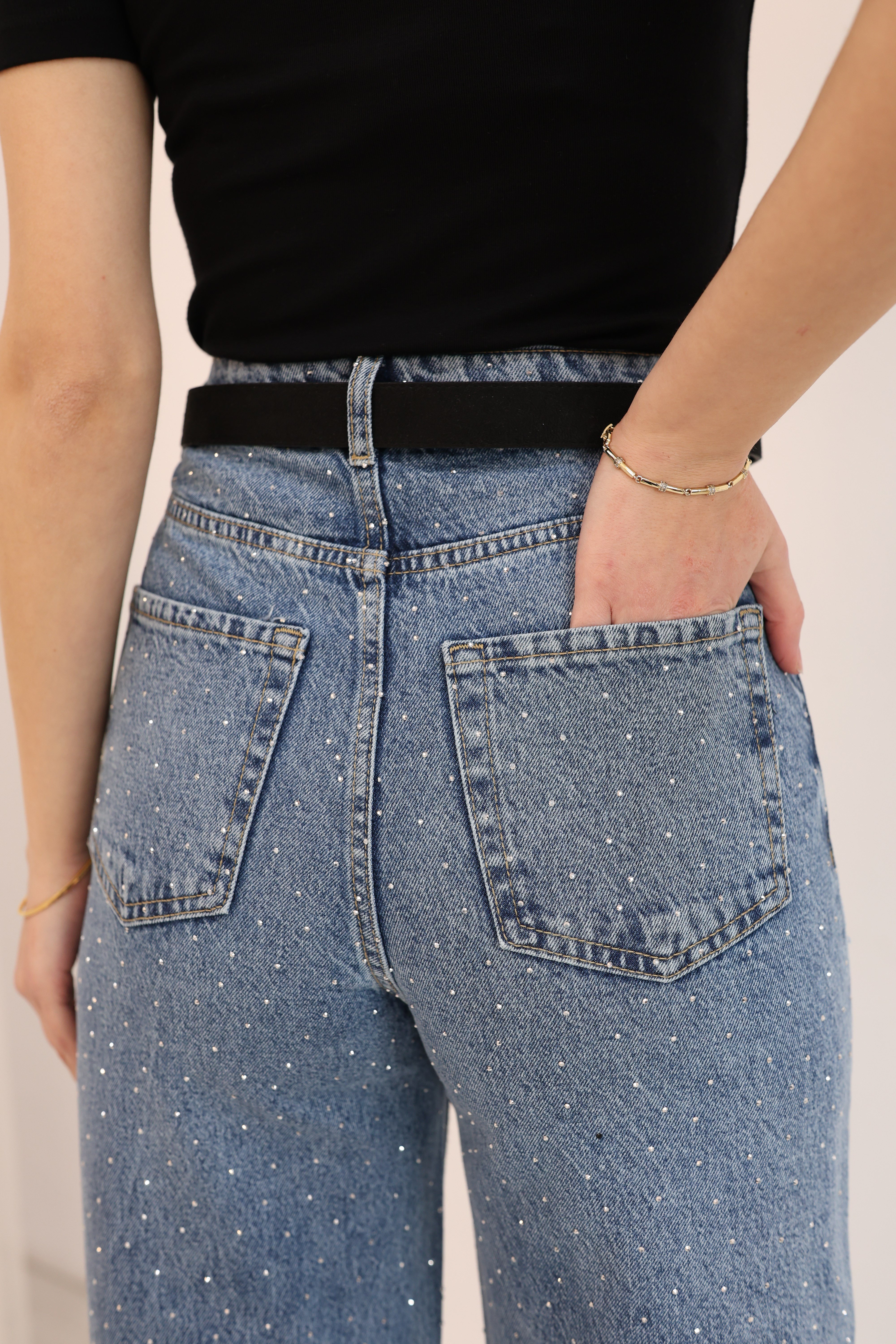 Wıde Leg Yüksek Bel Ön Arka Taşlı Jean Mavi Renk · 4