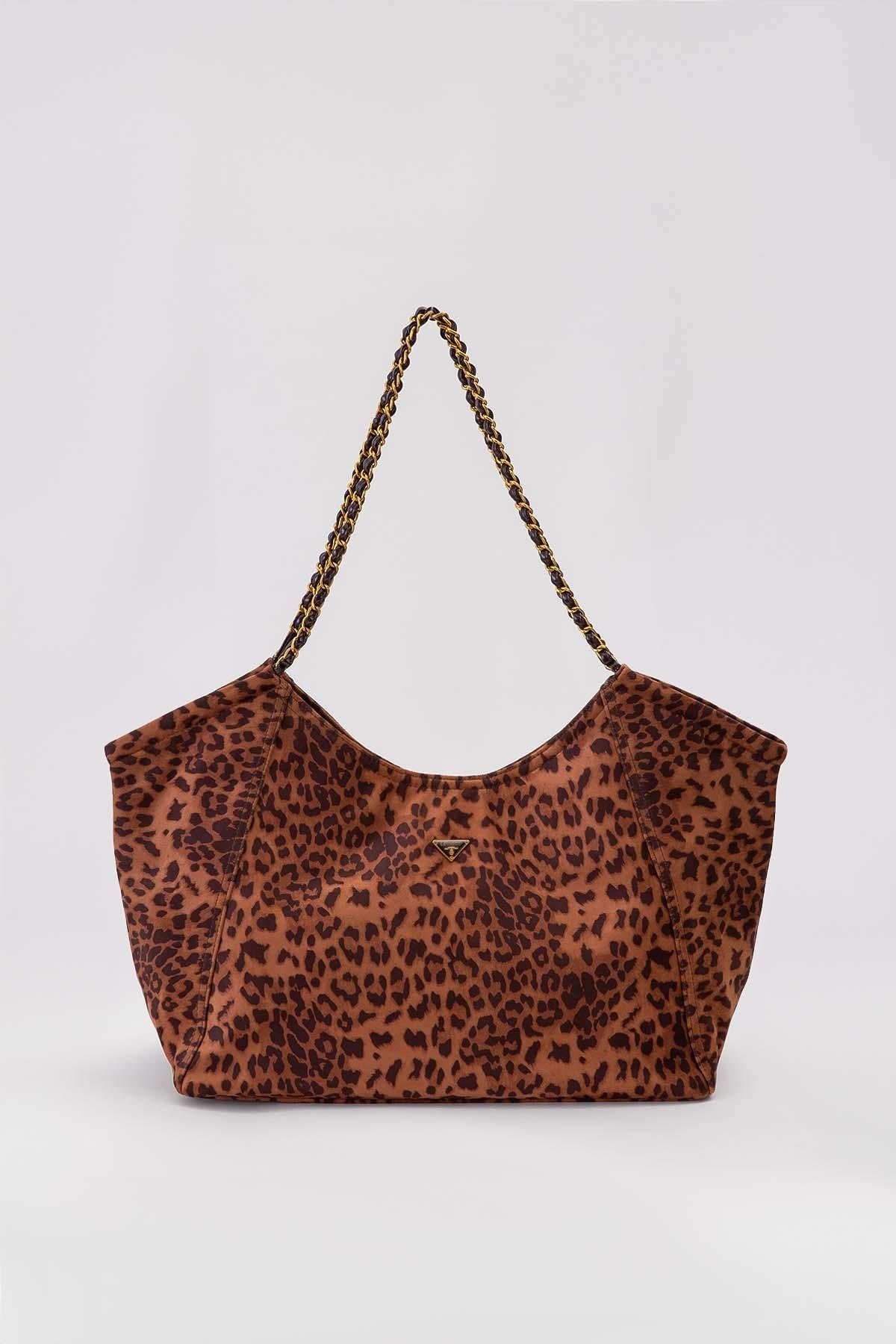 Extra Büyük Boy Örgü Zincir Askılı Shopper Tasarım Soft Süet Kadın Omuz Çantası Leopar